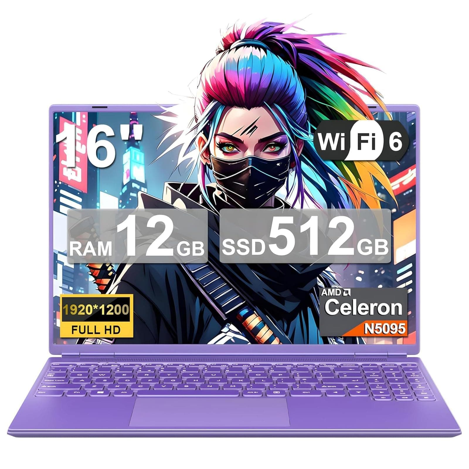 NOTODD Gaming Laptop 16" Win 11 Laptop Computer, 12GB LPDDR4 RAM 512GB SSD, Celeron N5095 Up to 2.9GHz, 2K 1920×1200 Display, Cooling Fan, Expandable Storage, PC for Gaming,Business, Study - Purple