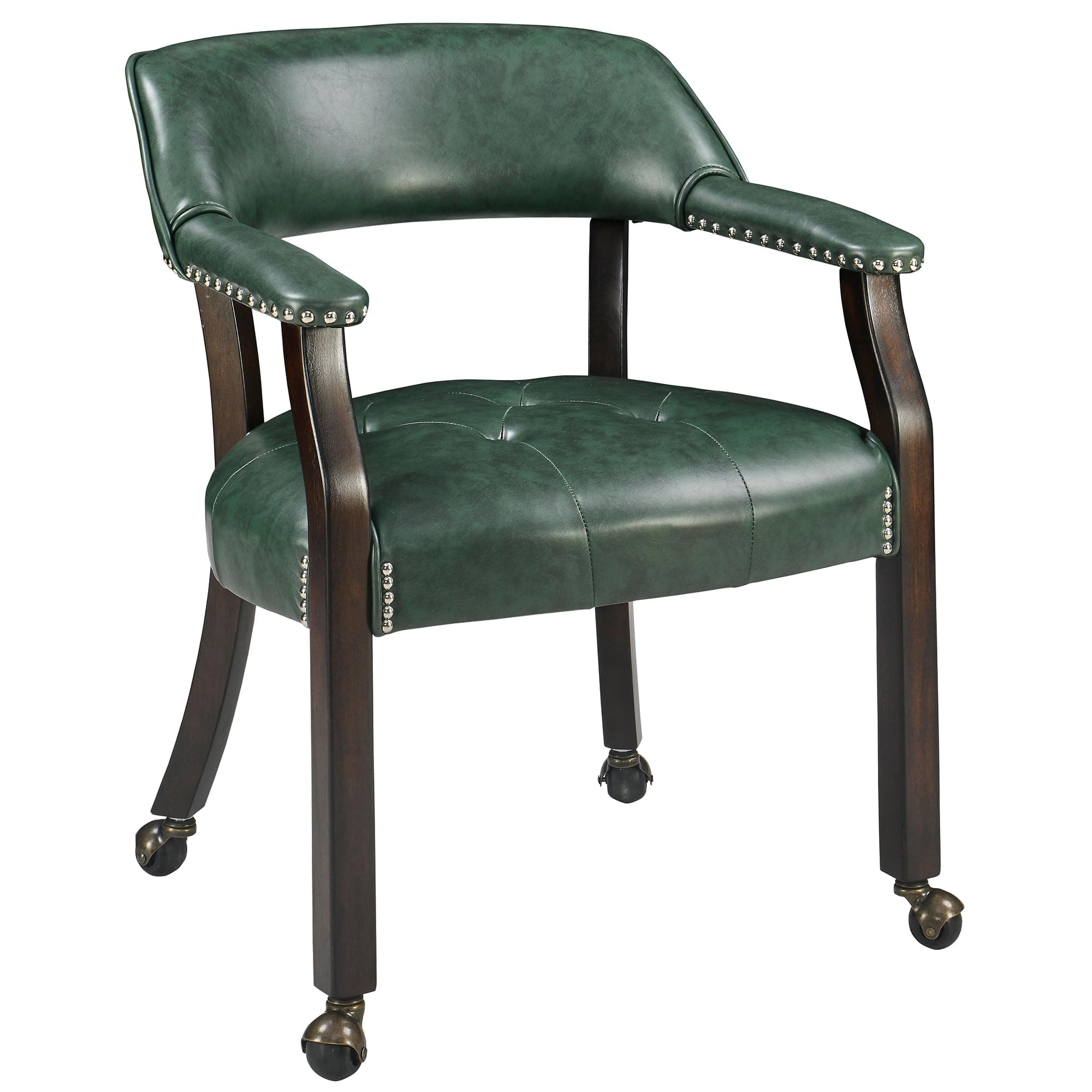 LEEMTORIG Large Dining Chairs with Casters and Arms, Rolling Dining Chairs with Wheels, Game Poker Table Chairs, Boss Caption's Chairs, 26"D x 25.2"W x 31.5"H, Espresso Legs & Green PU, XXY-1910-GN