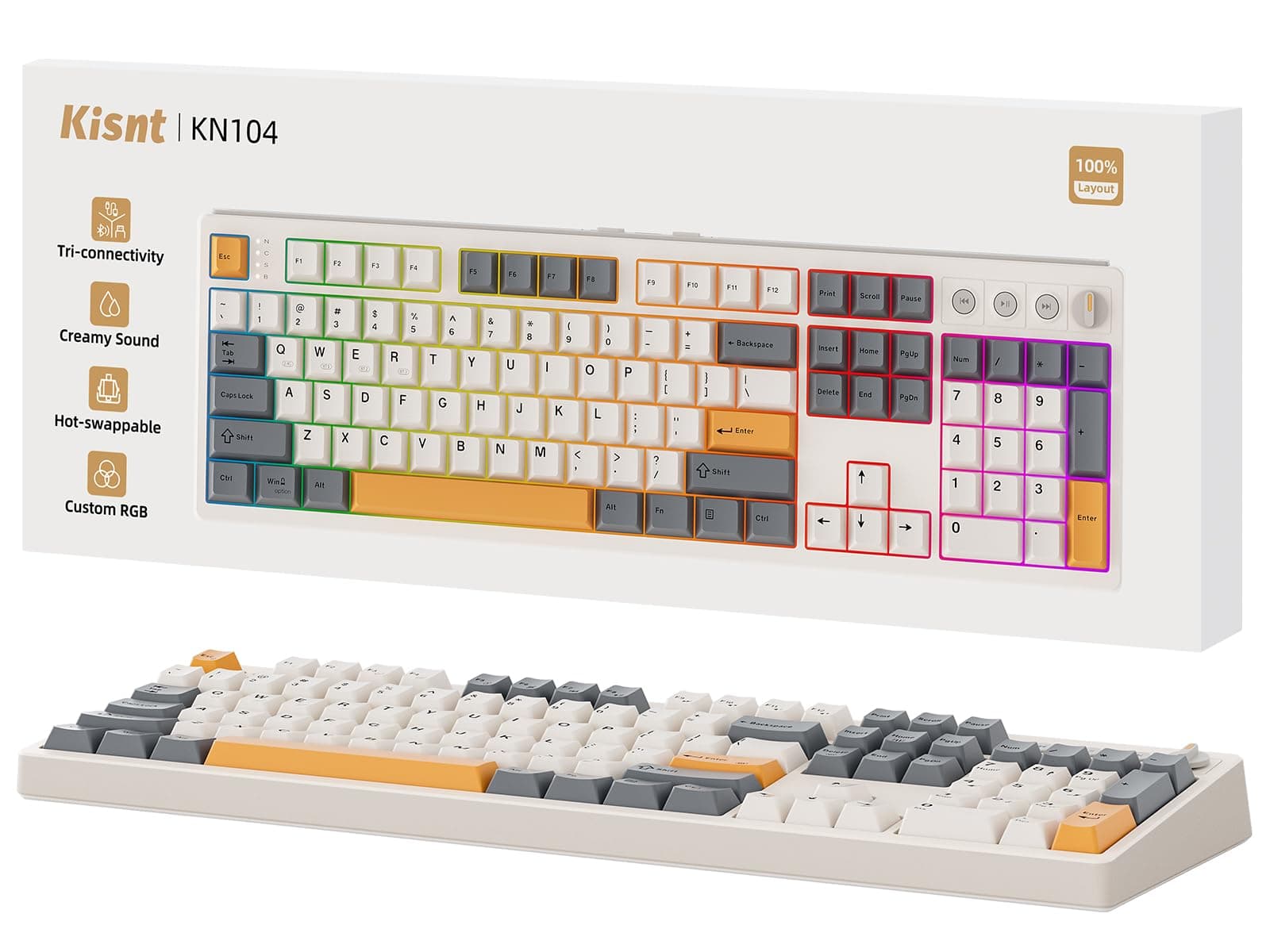 Kisnt KN104 Wireless Mechanical Keyboard, 100% Full Size with Knob, Bluetooth/2.4GHz/USB-C, Custom RGB Backlit, Hot-Swappable Linear Switch, Creamy Sound for Gaming/Typing (Retro Beige)