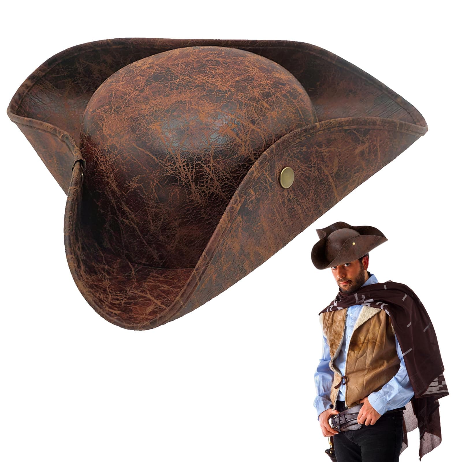 Brown Pirate Hat for Adult, Pirate Accessories for Men Women, Tricorn Hat Pirates Cap, Halloween Costume Accessories, Fancy Dress Colonial Medieval Accessory for Pirates Theme Party Halloween Cosplay