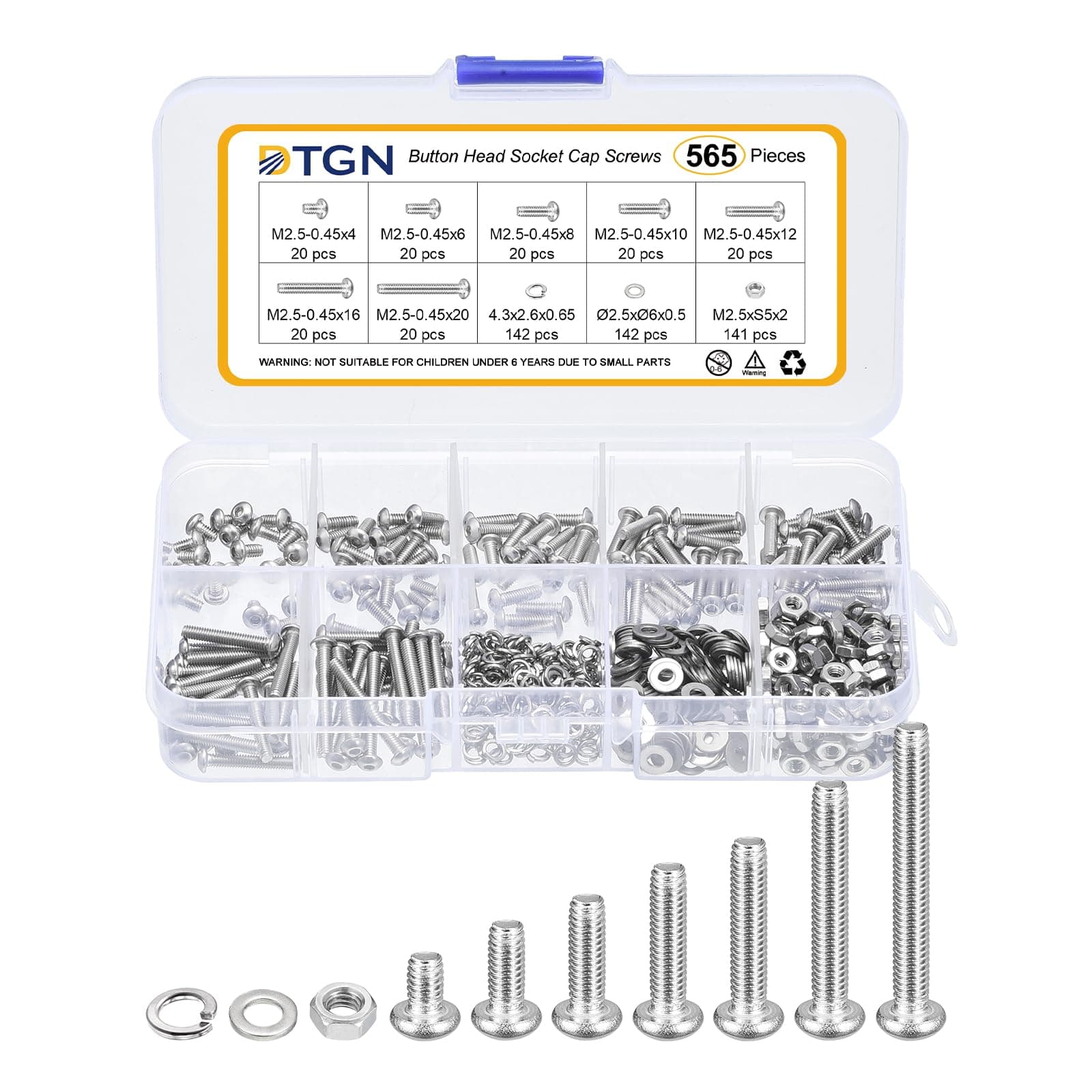 DTGN 565Pcs M2.5-0.45x4/6/8/10/12/16/20mm Button Head Socket Cap Screws - 304 Stainless Steel Bolt Nut Set Washer Assortment Kit - Good for Road Bicycle, Mountain Bike, Auto