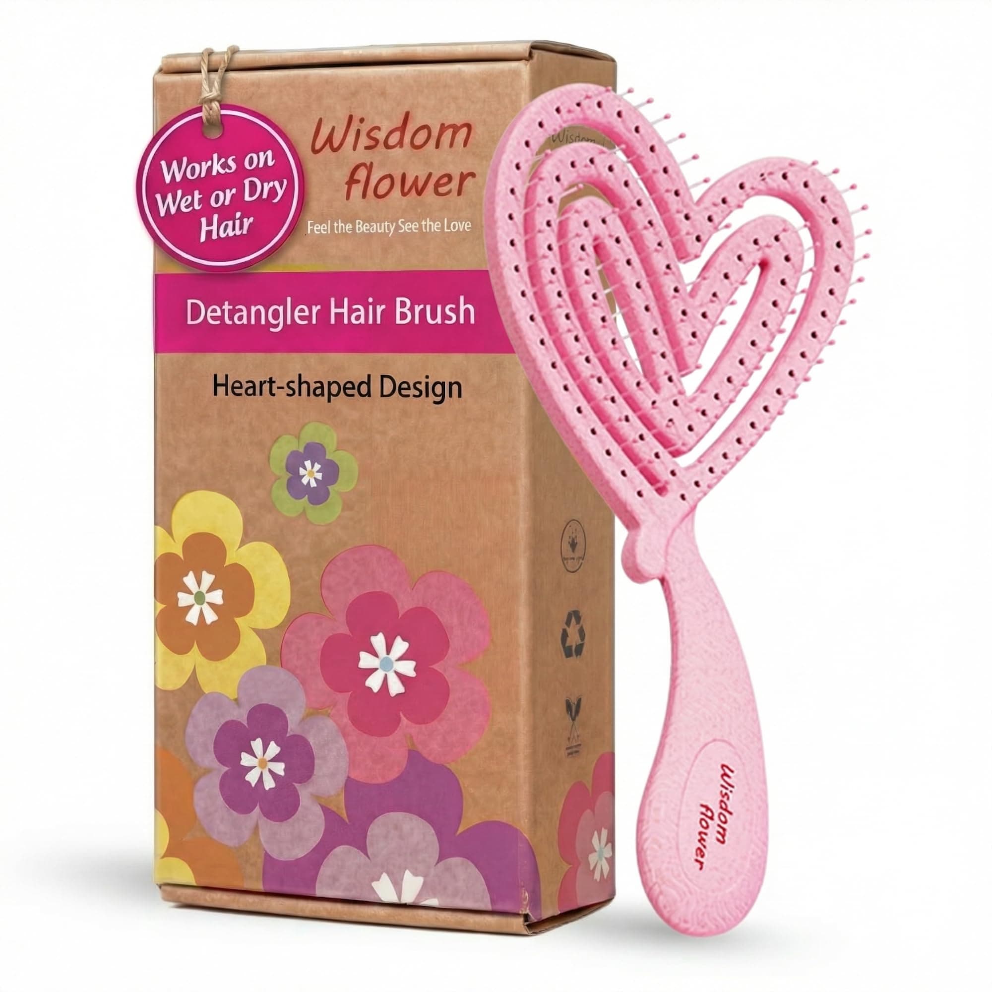 Wisdom Flower Detangler Brush – Heart-Shaped Detangling Brush for Curly, Wavy, Thick Hair – Sakura pink Hairbrush for Women with Bowl-Curve, Flexible Bristles, Blow Dryer Safe, Regular