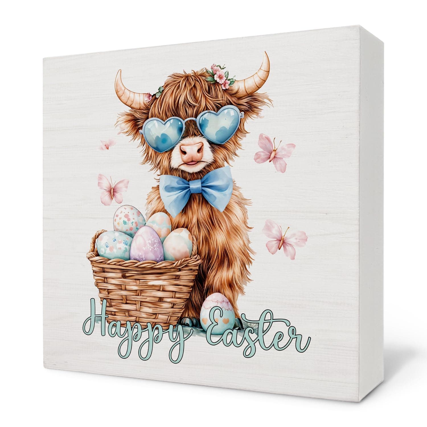 Nvotell Blue Coquette Easter Highland Cow Wooden Box Sign, Farmhouse Happy Easter Eggs Western Cow Wood Block Signs for Girls Bedroom Dorm Home Desk Table Shelf Decor, 5x5 Inch