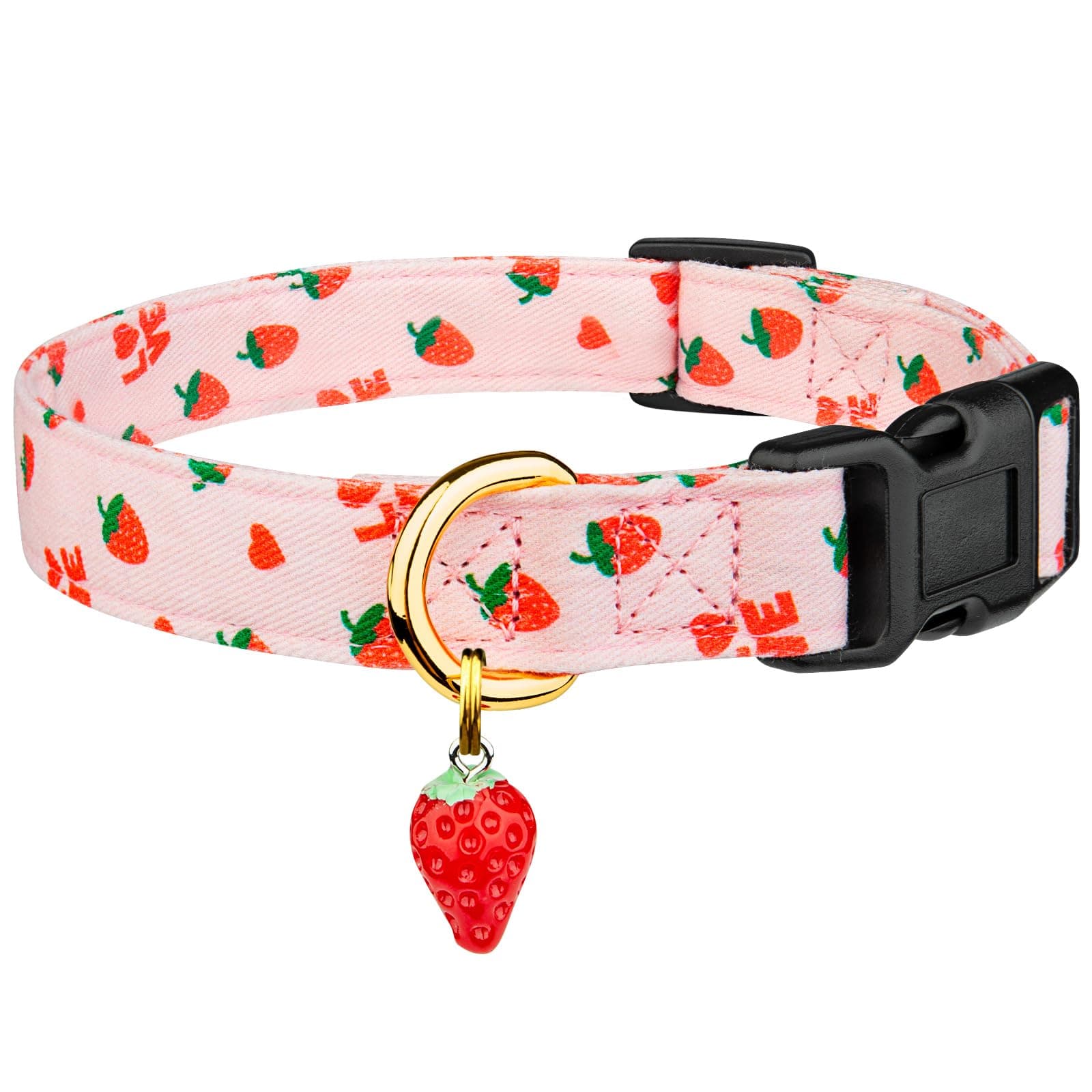 Cotton Dog Collar Pink Strawberries with Pendant Cute Dog Collar S