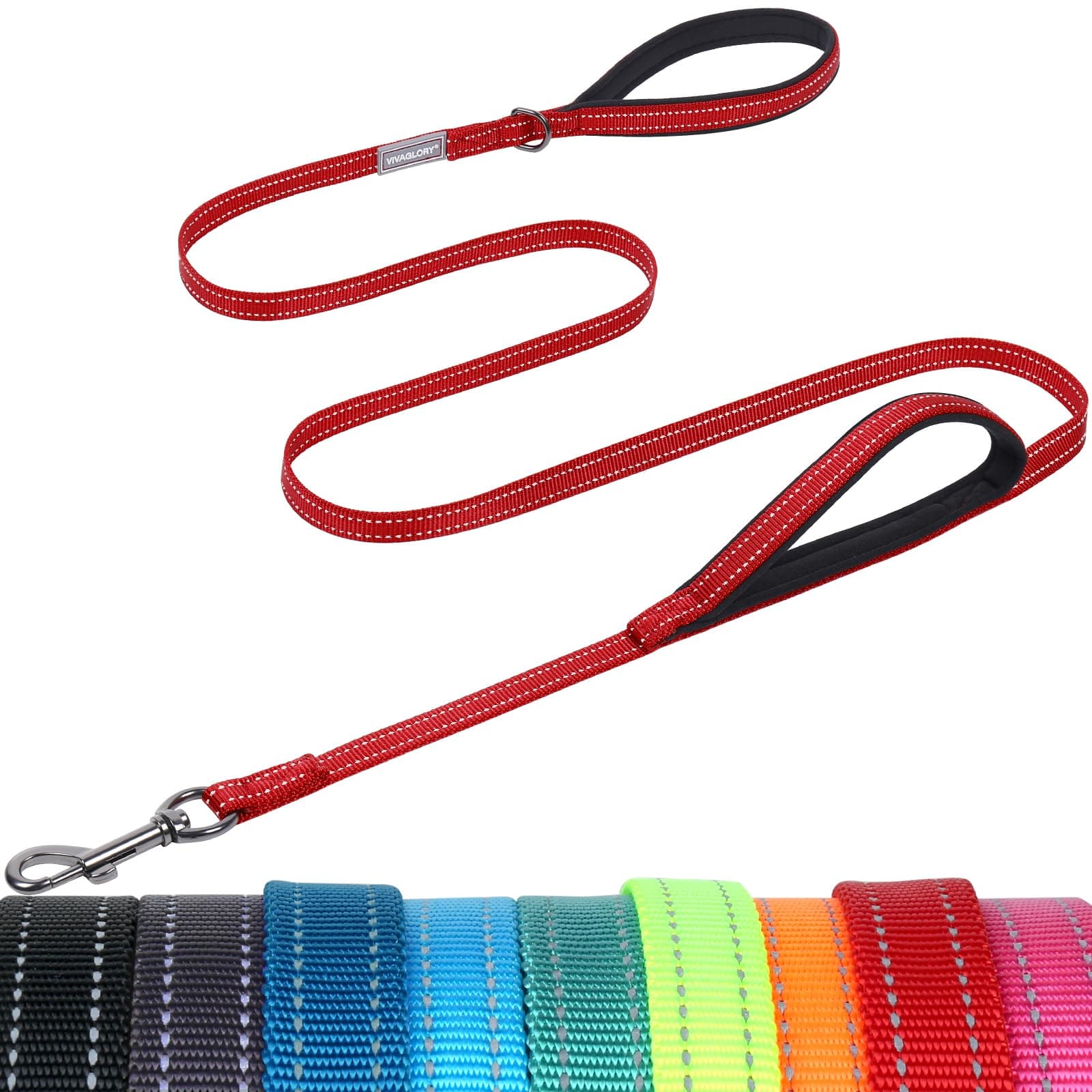 VIVAGLORY Double Handle Dog Leash Twingrip, 4ft x 1/2in, Red