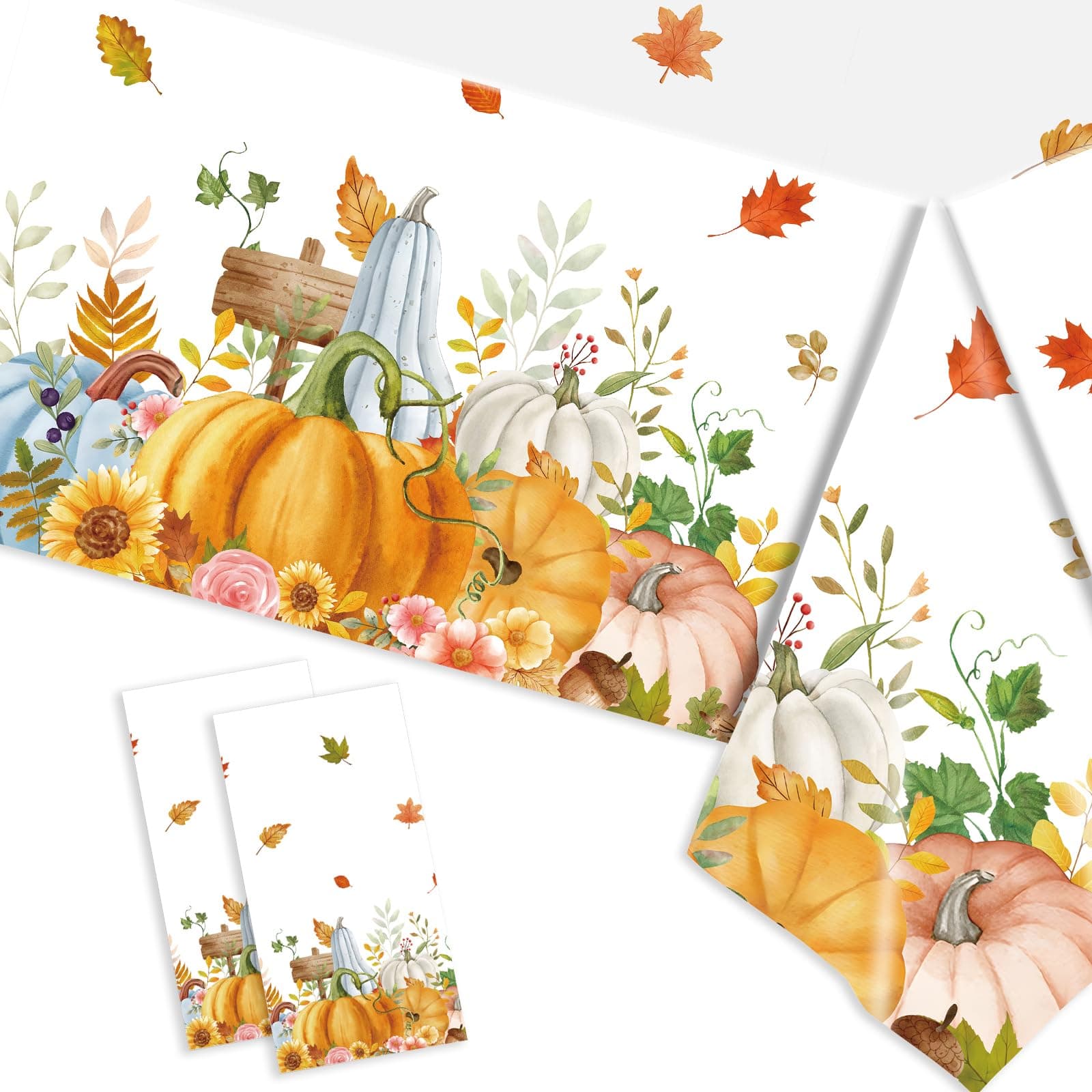 Xjoviative 2 Pcs Fall Thanksgiving Tablecloth Disposable 54x108 Inch, Pumpkin Maple Leaf Wreath Plastic Table Cloth Rectangle Table Cover for Autumn Theme Thanksgiving Day Party Decoration (Fall)