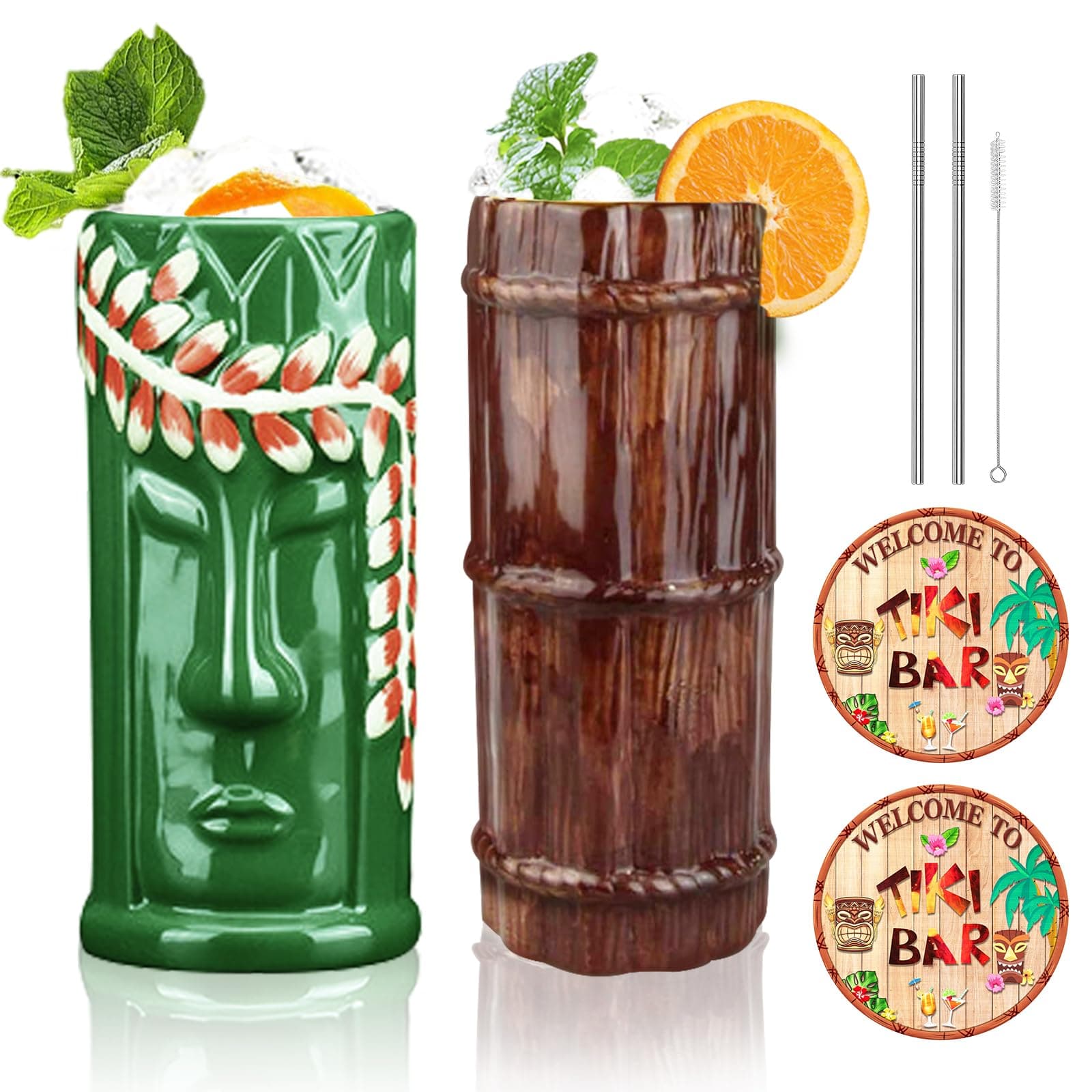 SuproBarware TIKI Mug Set - Set of 2 Ceramic TIKI Mug 15oz/440ml Tropical Style Cocktail Glass Set for Cocktail Lover (Flower Set)
