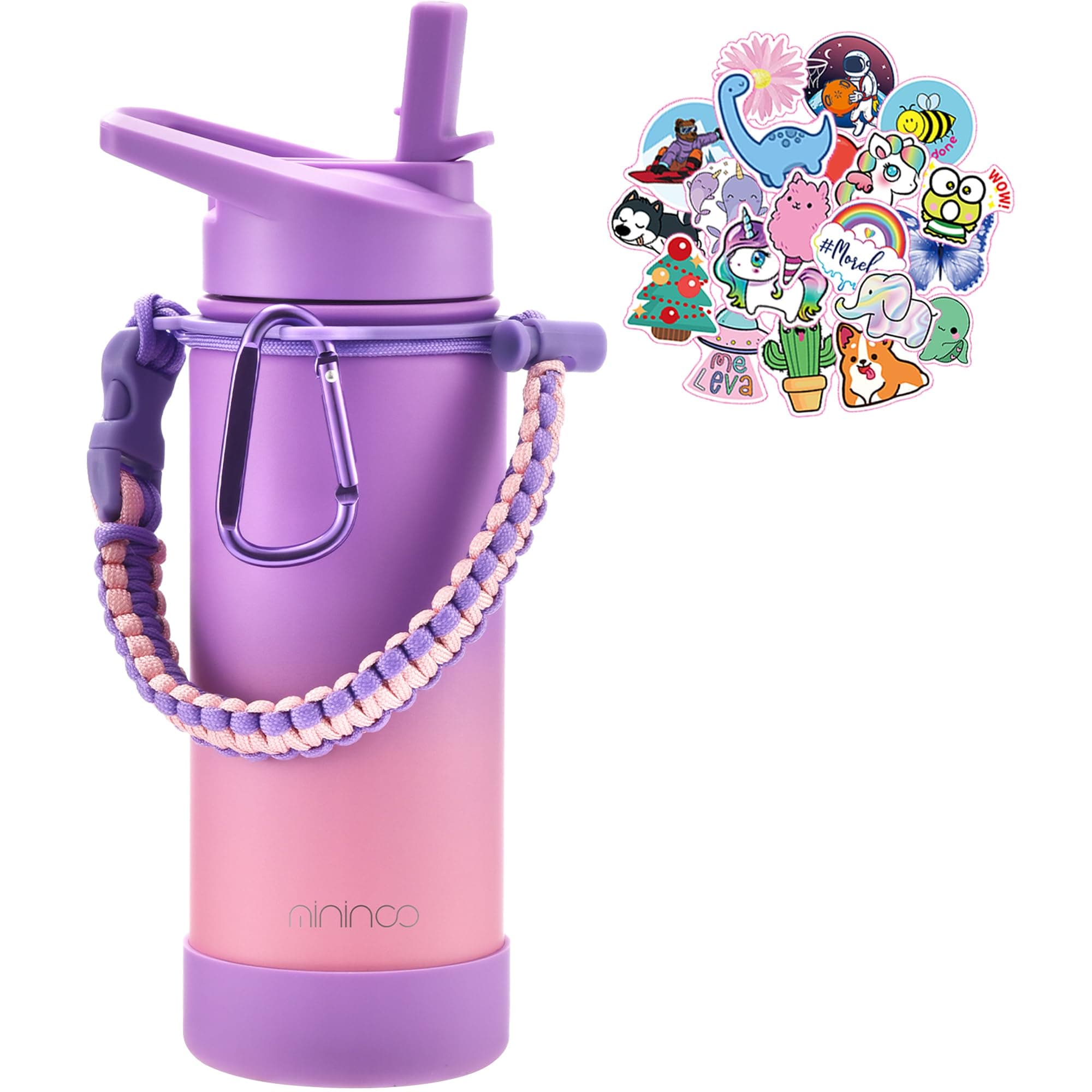 Mininoo Kids Water Bottle for School, 16oz Insulated Stainless Steel Water Bottle Kids with Straw Lid for Girls（Berry Blush）