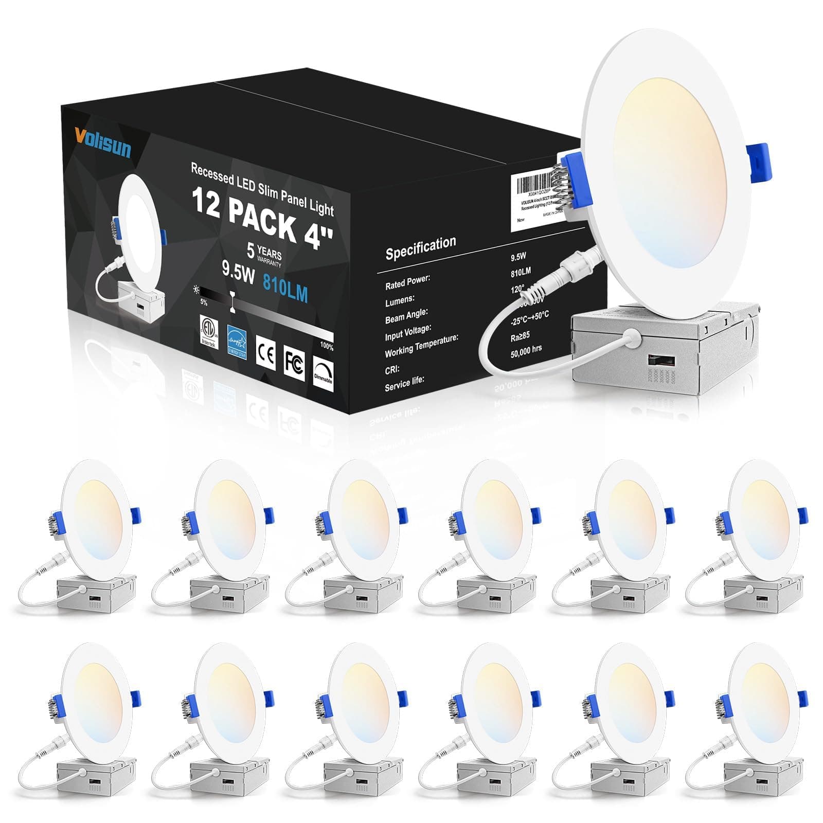 VOLISUN 4 inch Pot Lights 12 Pack, 5CCT LED Slim Recessed Light, 810LM