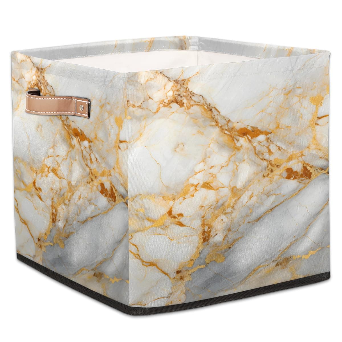 JMAVZWS Gold White Marble Cube Storage Bins with Leather Handles 13 inches Fabric Storage Baskets for Organizing Collapsible Closet Cube Bins for Clothes Home