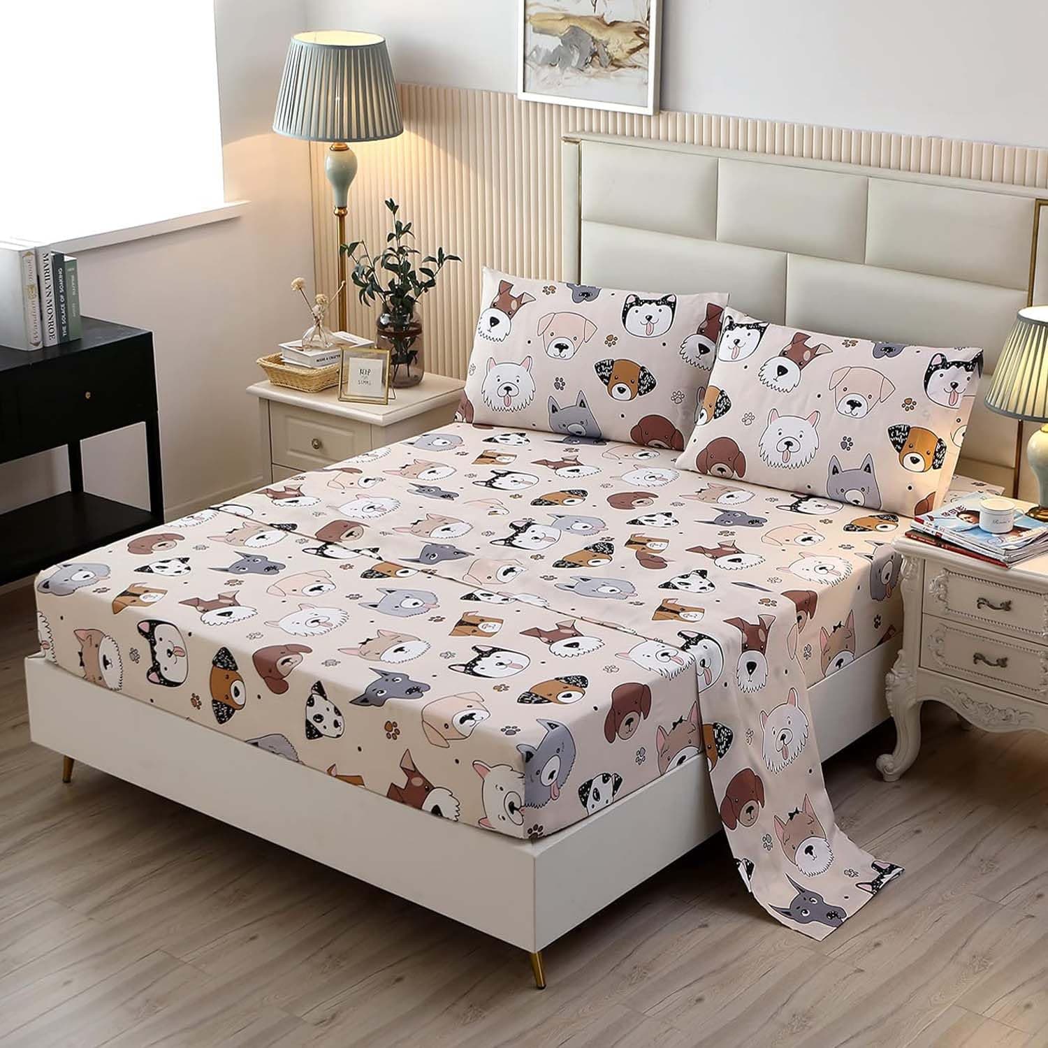 SDY 4PCS Dog Bed Sheets Queen Size Puppy Pattern Bedding Sheet Set Included 1 Fitted Sheet with 14'' Deep Pocket + 1 Top Flat Sheet + 2 Pillowcases for Kids Boys Girls Teens Children Crib Baby