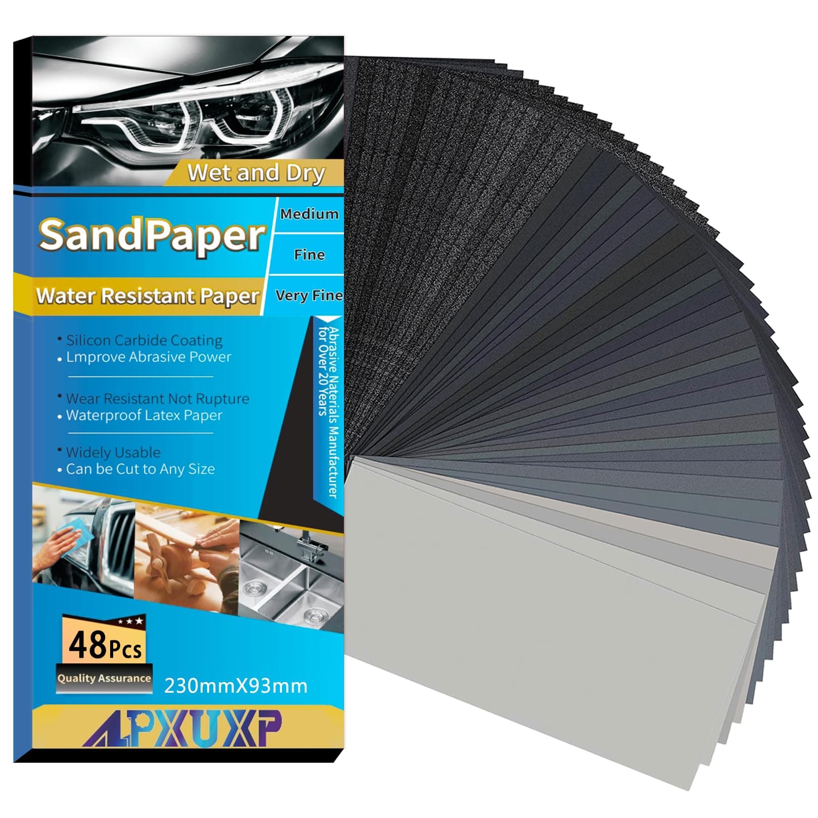 Wet Dry Sandpaper 48Pcs Waterproof Sand Paper Sheet #120~5000 Grit Assortment Sanding Paper 9x3.6 Inch for Wood Metal Automotive Polishing,Include 120 180 240 400 600 800 1000 1200 1500 2000 3000 5000