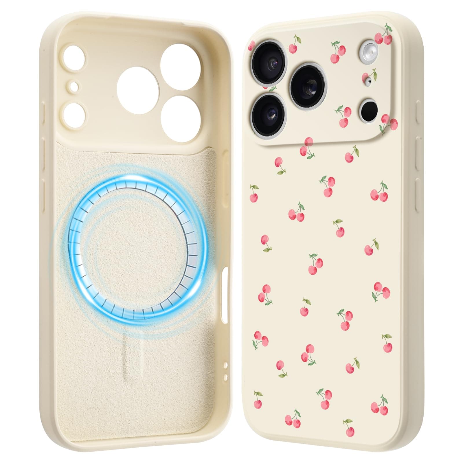 Idocolors Case for iPhone 14 6.1", Cute Pink Cherry Phone Case, Compatible with MagSafe, Silky-Soft Touch Liquid Silicone Phone Cover with Camera Lens Full Protection