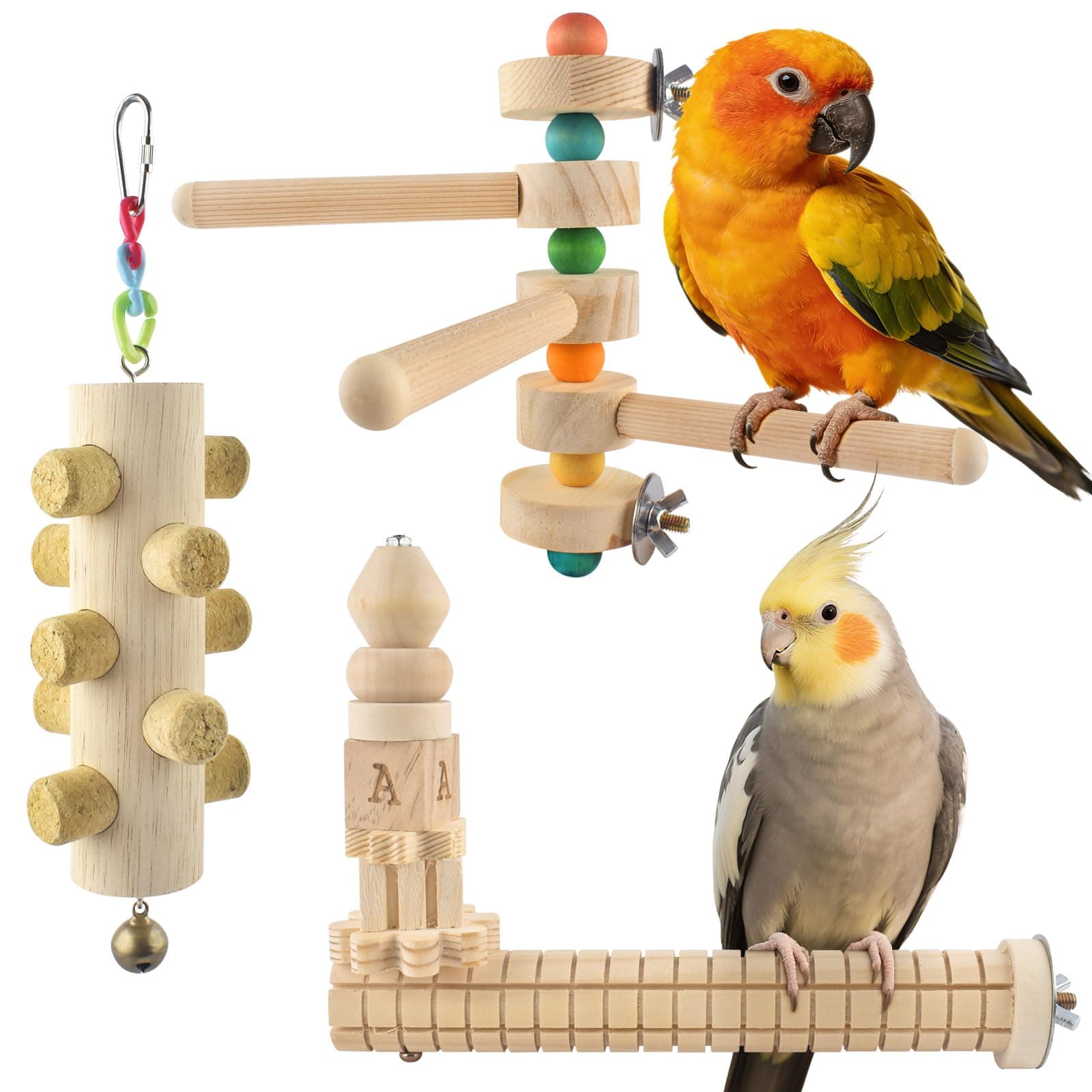 DBNESS 3pcs Natural Wood Bird Perch Toys, Rotating Perch Stand, L-Shaped Perches with Chew Block, Hanging Cork Stopper Toy, Birdcage Accessories for Small Medium Parrots Cockatiels Quaker Caique