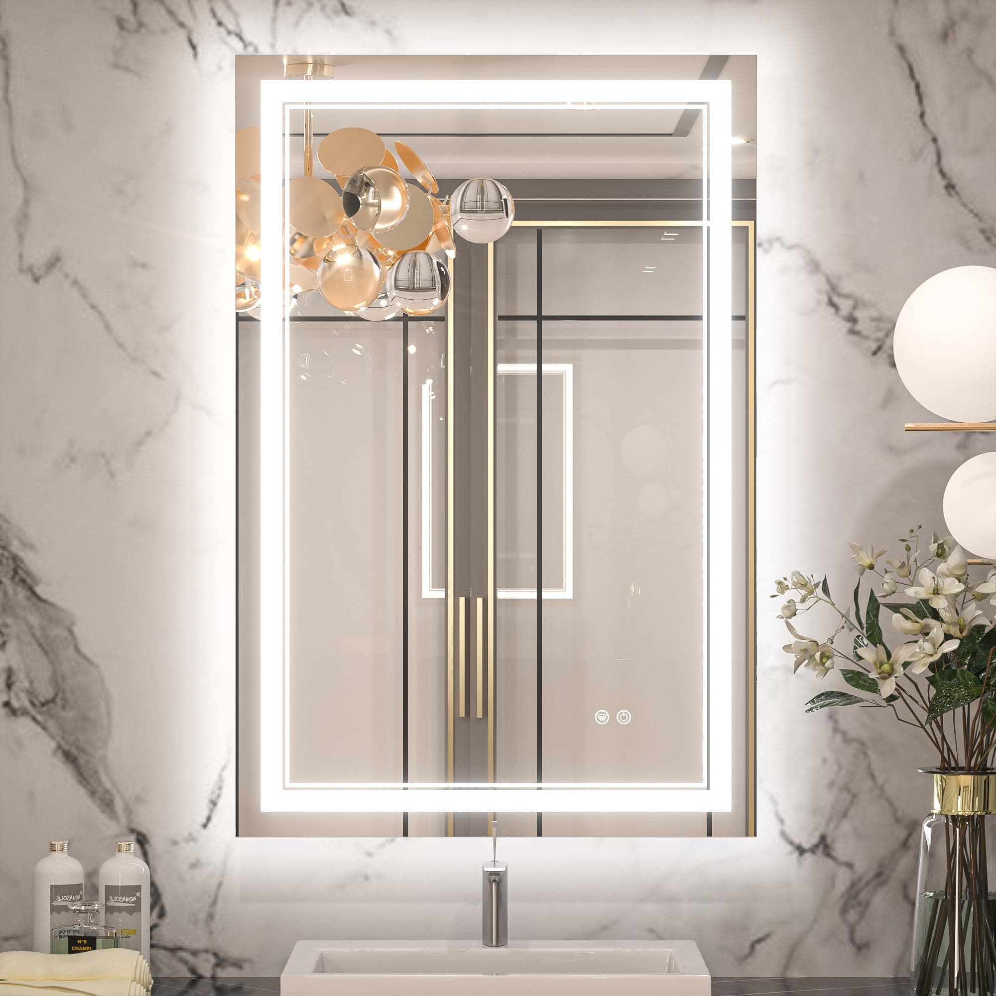 Keonjinn LED Mirror for Bathroom, 36 x 24 Inch, Wall Mounted, Dimmable, Anti-Fog, IP54 Waterproof, 3 Year Warranty