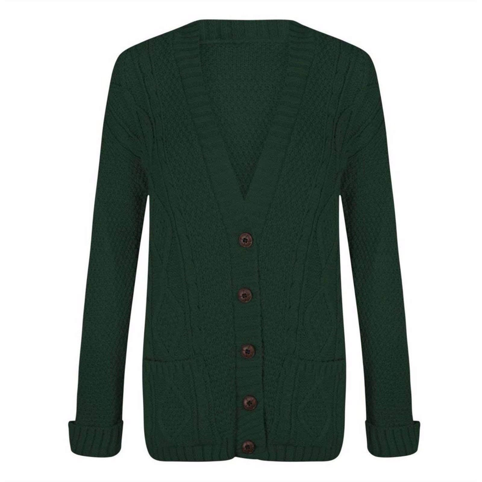 WearAll Womens Cable Knitted Button Cardigan Long Sleeve Ladies Boyfriend Top - Bottle Green 8-10