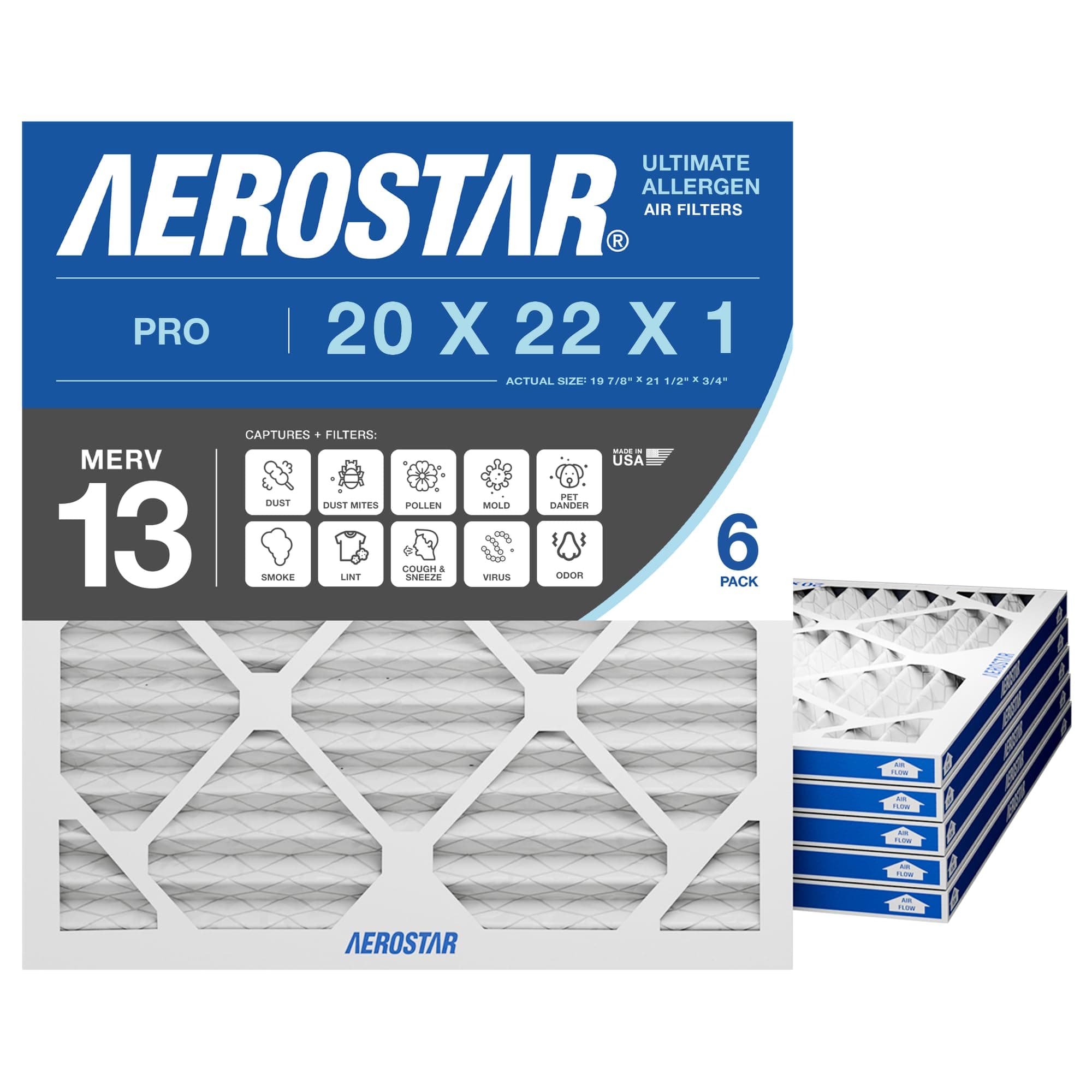 Aerostar Pleated Air Filter, MERV 13, 20x20x1, Pack of 6