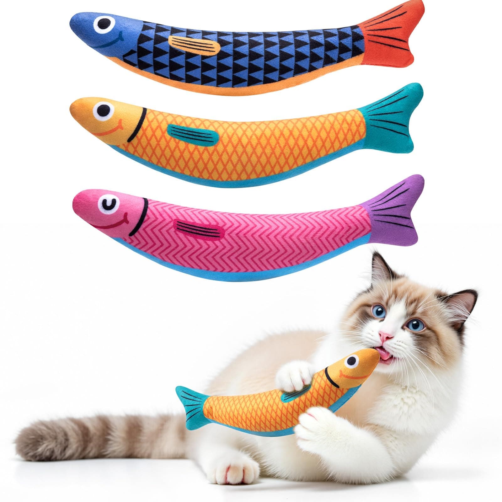 PetBusy Cat Toys with[5000mg A+Natural Catnip] [Baby Grade] Interactive Soft Chew Kicker Cat Toys for Indoor Cats & Kittens, [Crinkle &Bell] Fish Sound Toy, Drives Bored Cat Crazy with Fun 2Pack