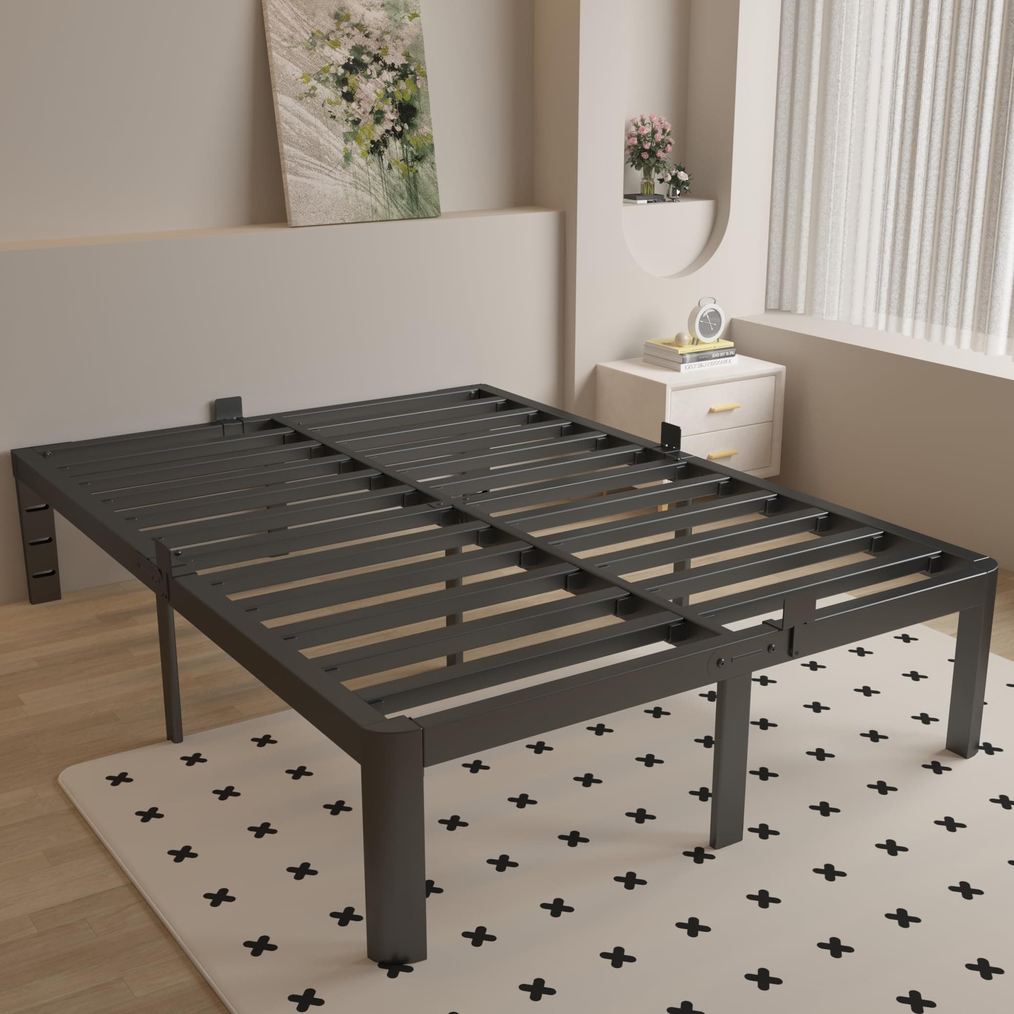KOSOSO 14 Inch Queen Bed Frame with Metal Gasket, Black Platform Bed Base