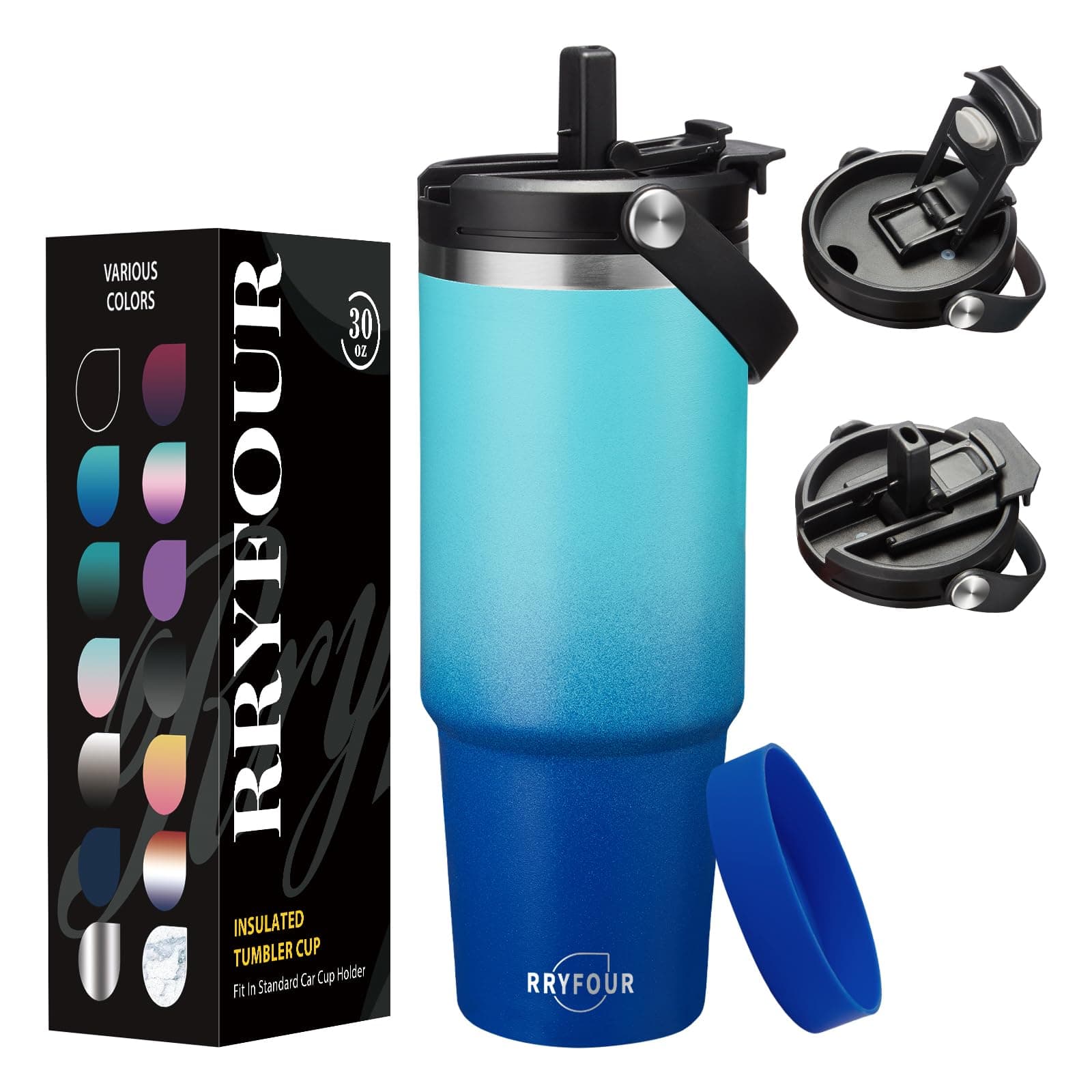 RRYFOUR 30 oz Insulated Tumbler with Lid and Straw - Stainless Steel Double Walled Coffee Mug, Keep Cold-24h & Hot-12h, BPA Free Insulated Water Bottle 30oz Coffee Tumbler Water Cup with Silicon Boot