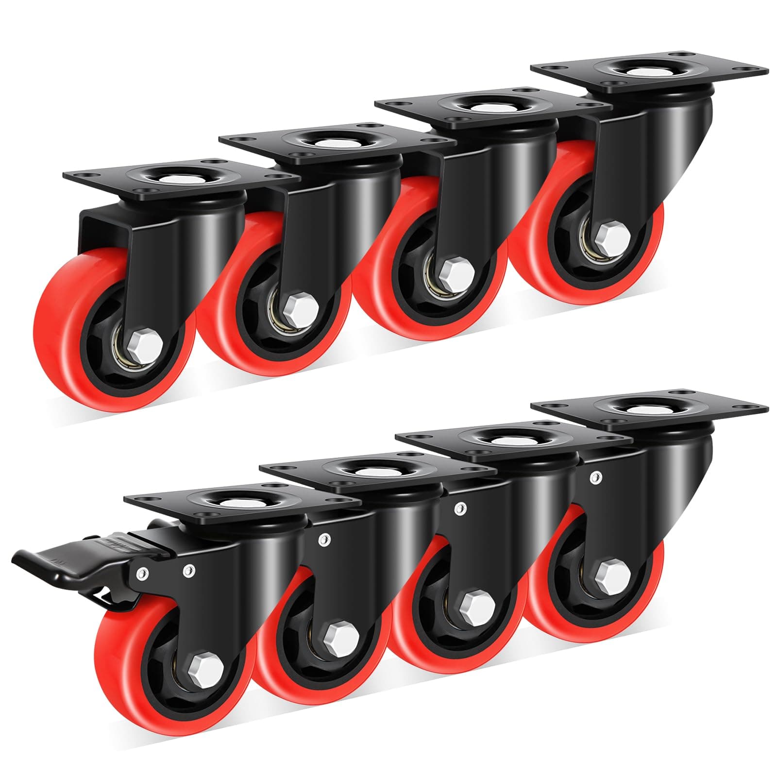 Nefish Casters Wheels Set of 4, 3 Inch Heavy Duty Caster with Brake 1200 Lbs, Safety Dual Locking Plate Castors, Top Plate Swivel Wheels, No Noise Polyurethane Wheels for Furniture, Dollies, Trolleys