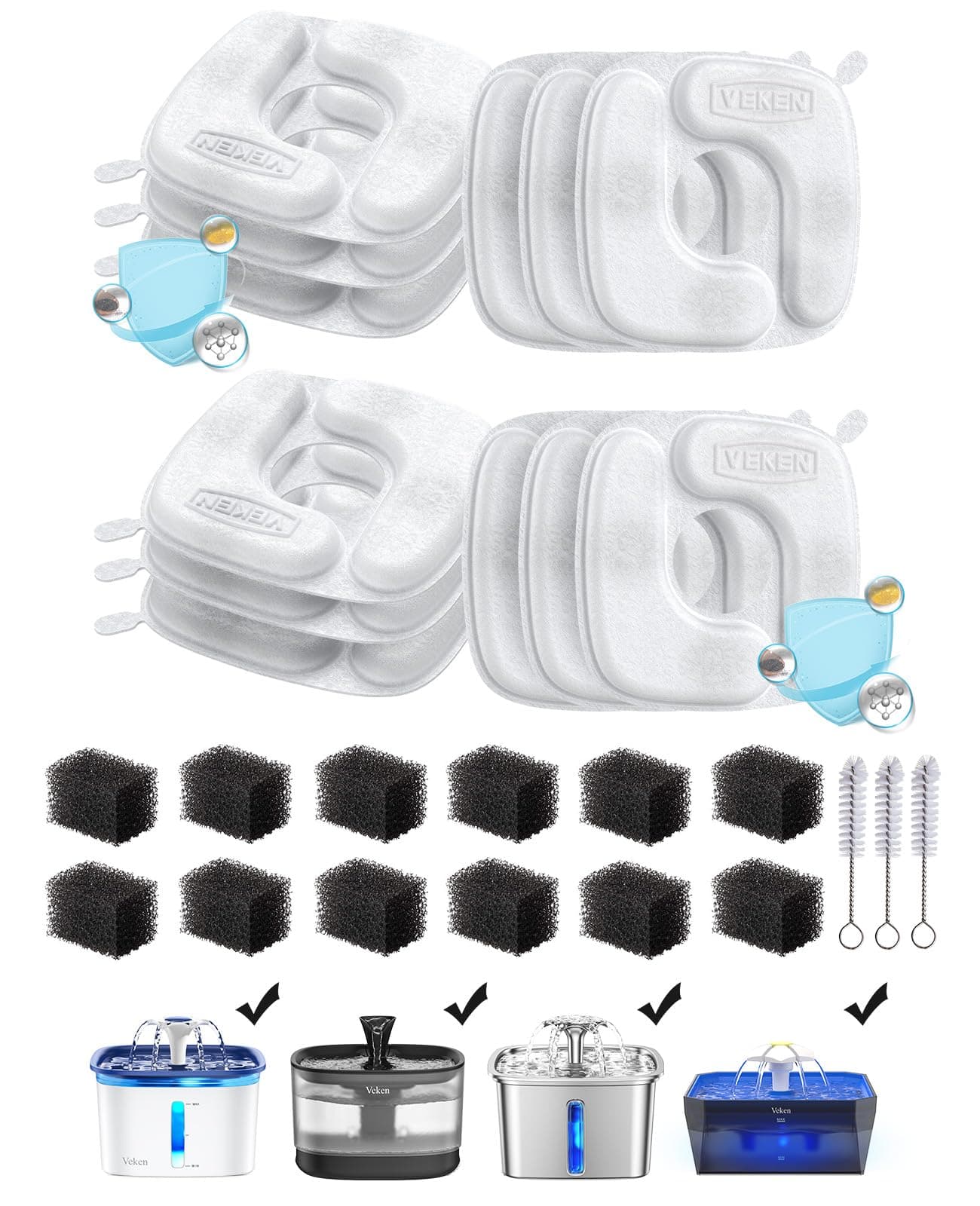 Veken Cat Fountain Filters, 12 Filters & 12 Sponges, Fits 3.2L/108oz Models