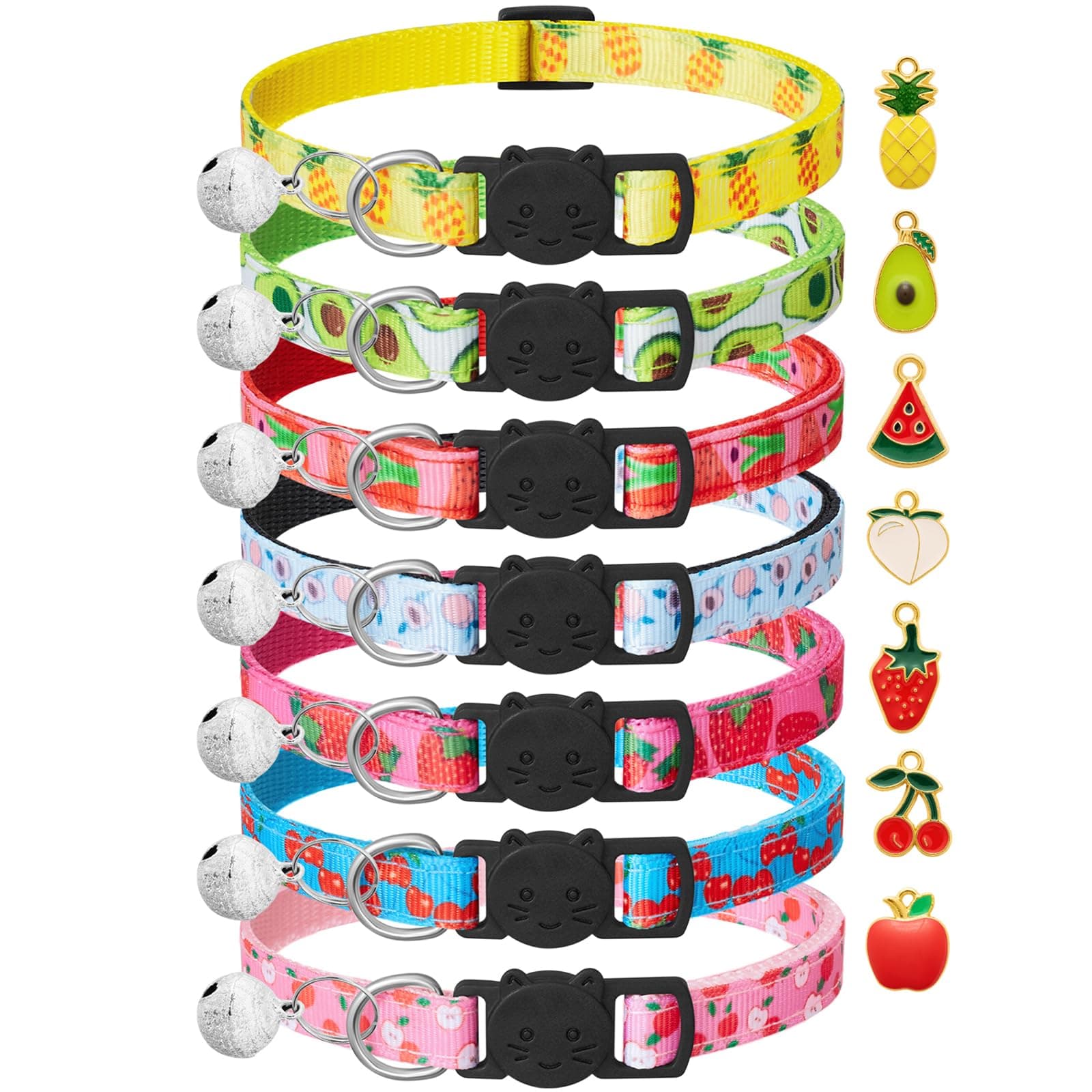 7 Pack Breakaway Cat Collars with Bells & Fruit Pendants,Safety Kitten Collar,Adjustable,Ideal for Girl Cats Boy Male Cats Pet Supplies,Accessories,Gifts