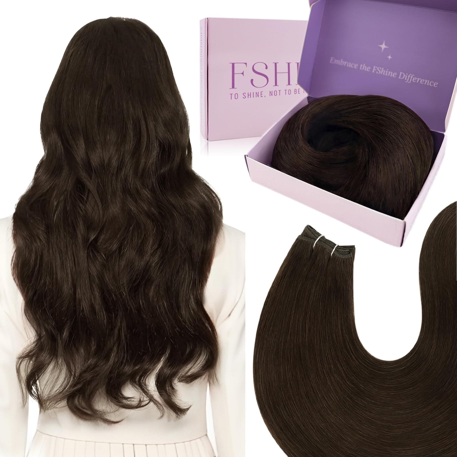 Fshine Weft Hair Extensions Human Hair 16 Inch 100g Dark Brown
