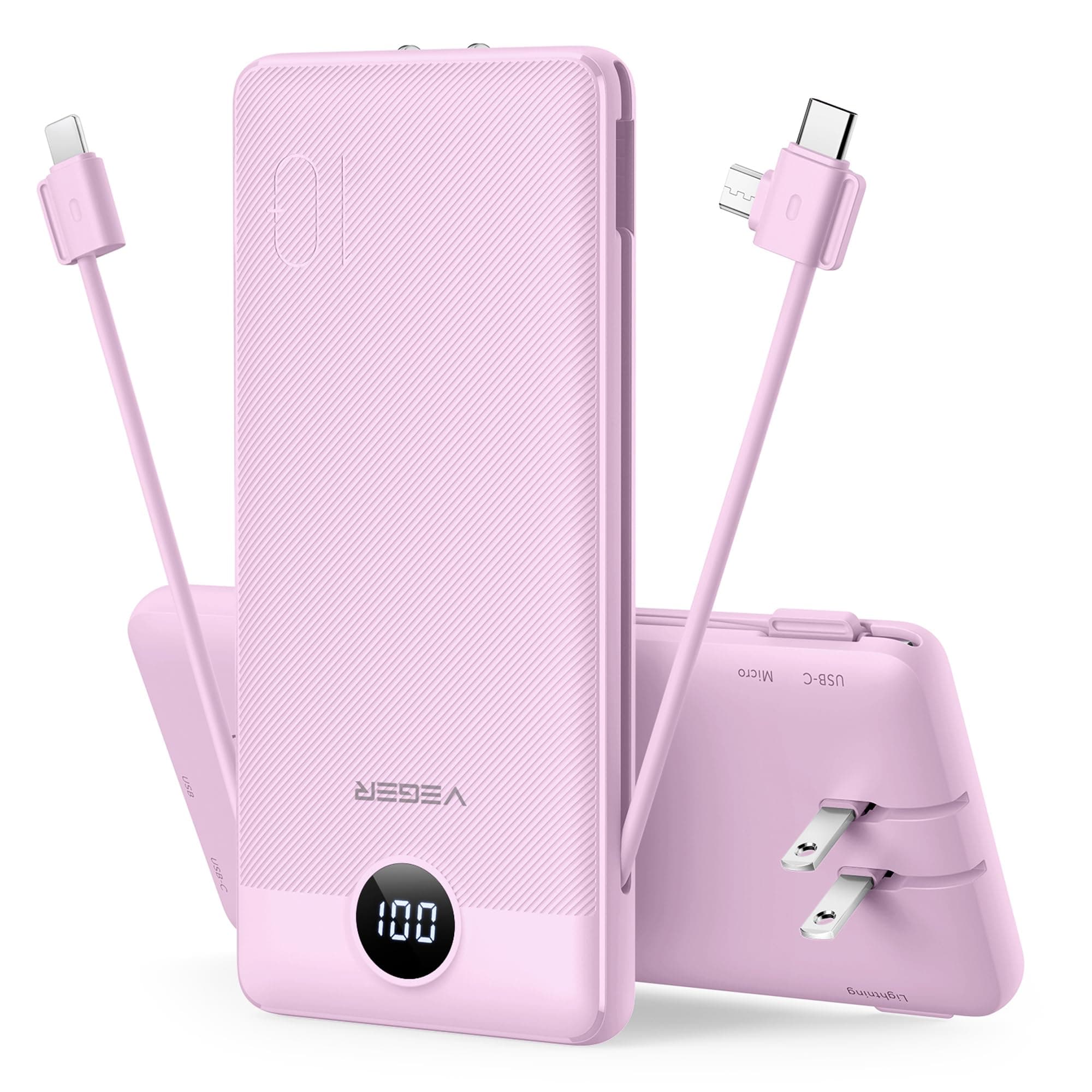VEGER Portable Charger with Built in Cables&Wall Plug, 10000mAh Power Bank