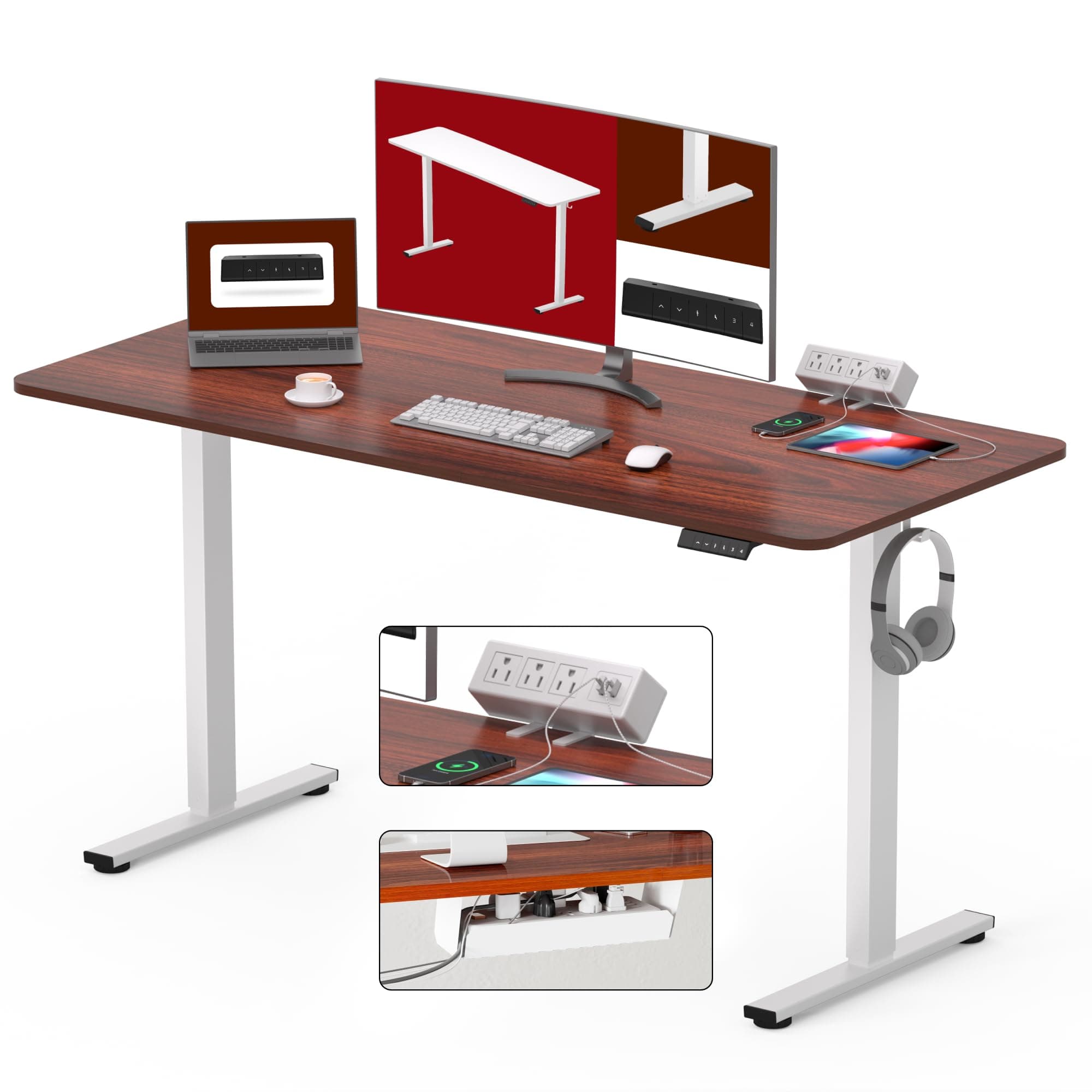 SANODESK Electric Standing Desk with Desk Clamp Power Strip 55"x 28" Whole-Piece Desktop Height Adjustable Stand Up Desk with Cable Management Sit Stand Home Office Desk White Frame/Mahogany Top