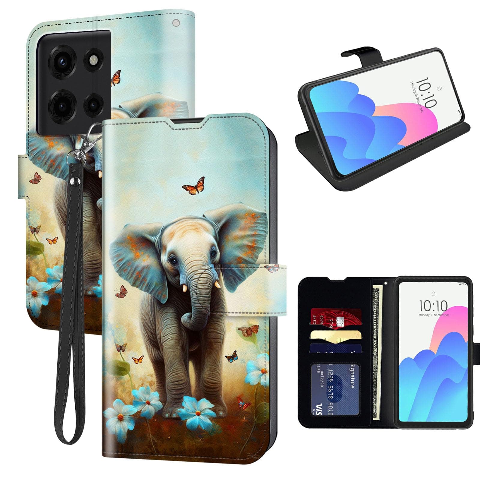 FUYOCWE for Moto G 5G 2025 Case Wallet for Motorola Moto G 5g 2025 Phone Case with Card Holder,PU Leather Flip Cover w/Kickstand+RFID Blocking+Magnetic Snap-Baby Elephant in Flowers