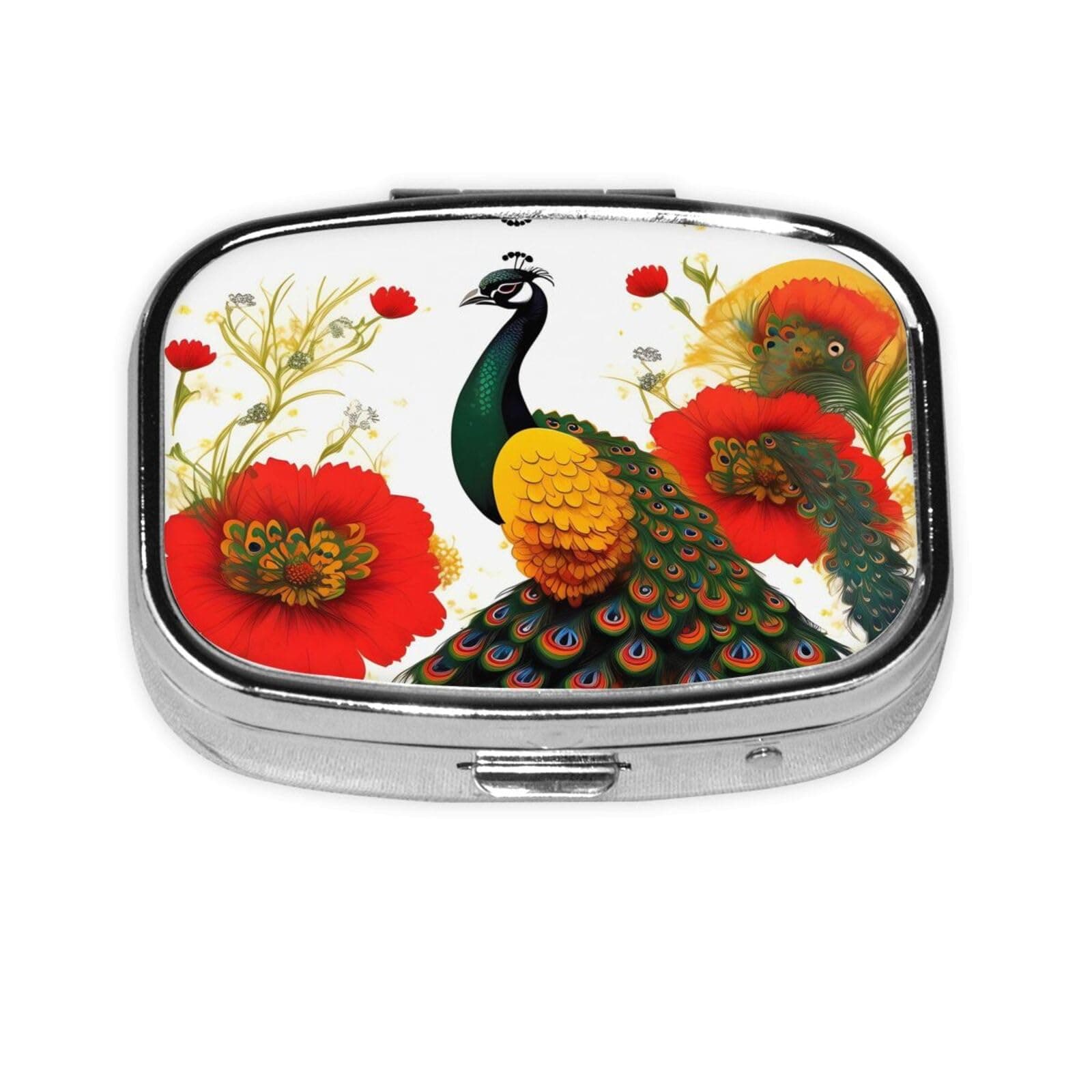 The Square Mini Medicine Box is Suitable for Putting in Pockets or Wallets. It is Easy to Open and Practical.Peacock Red Flower