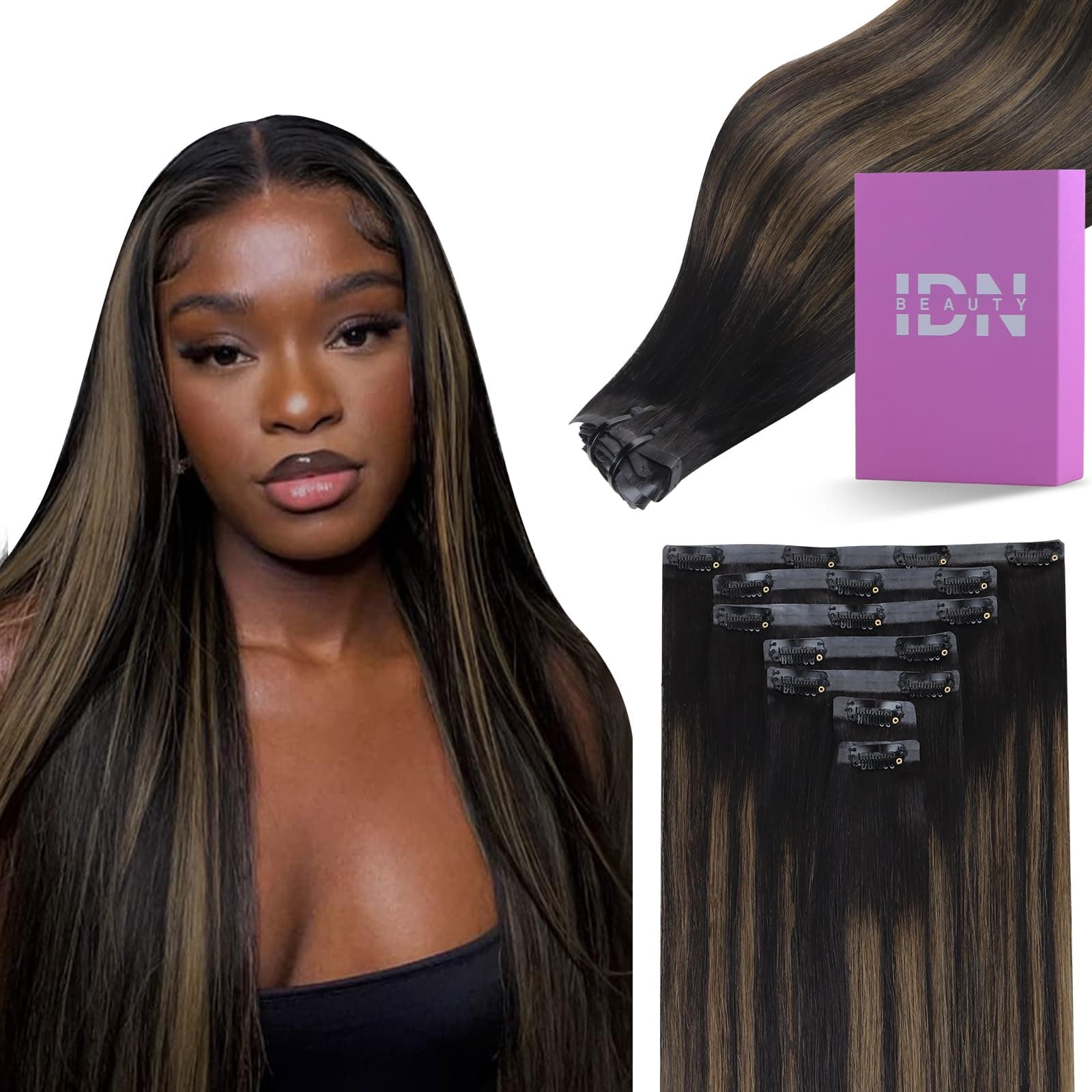 IDN BEAUTY Seamless Clip In Hair Extensions Human Hair, Straight 14 Inch 110g 7pcs, 1B/6/1B Balayage Natural Black to Chestnut Brown Remy Hair Seamless Clip Ins For Black Women PU Weft Invisible Edge