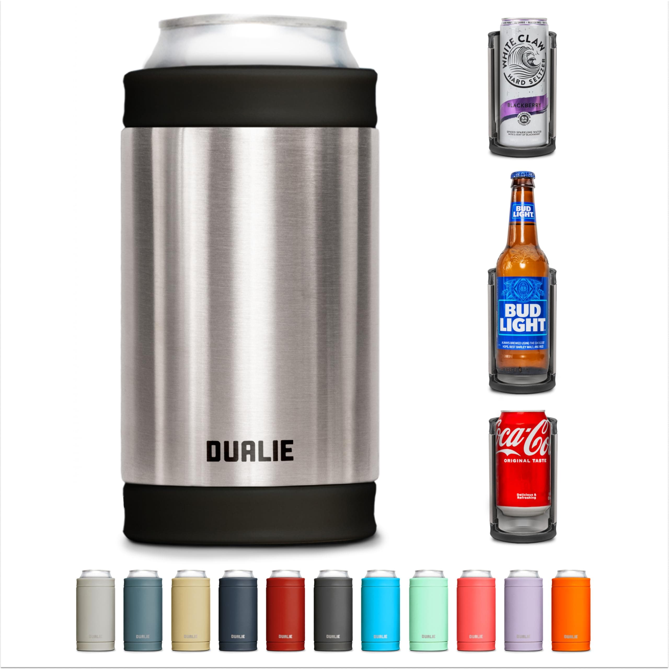 DUALIE 3 in 1 Insulated Can Cooler - Universal Size for 12 oz Cans, Slim Cans, and Bottles - Stainless