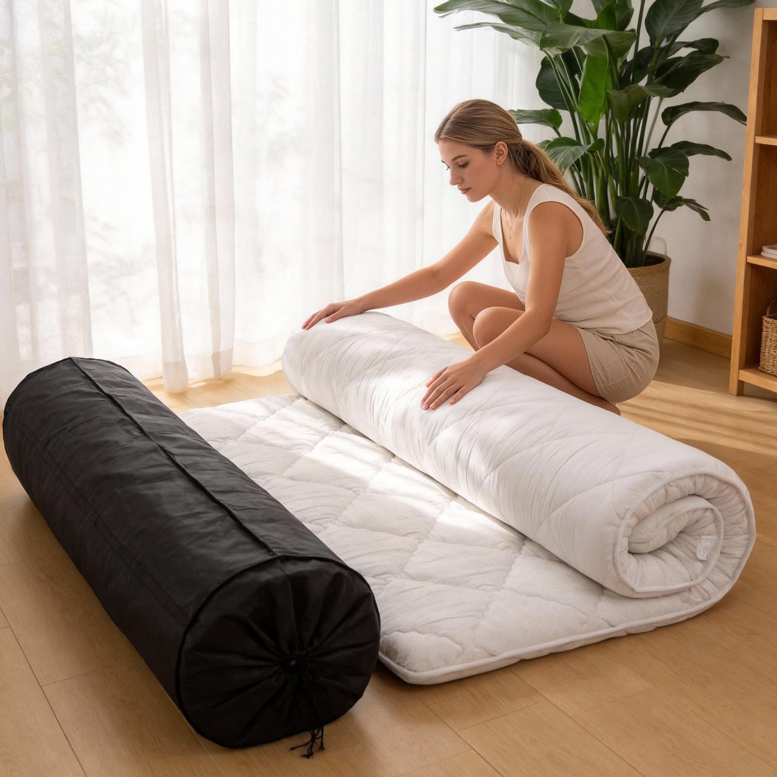 Tiita Japanese Floor Mattress, Queen Size Roll-Up Futon with Storage Bag
