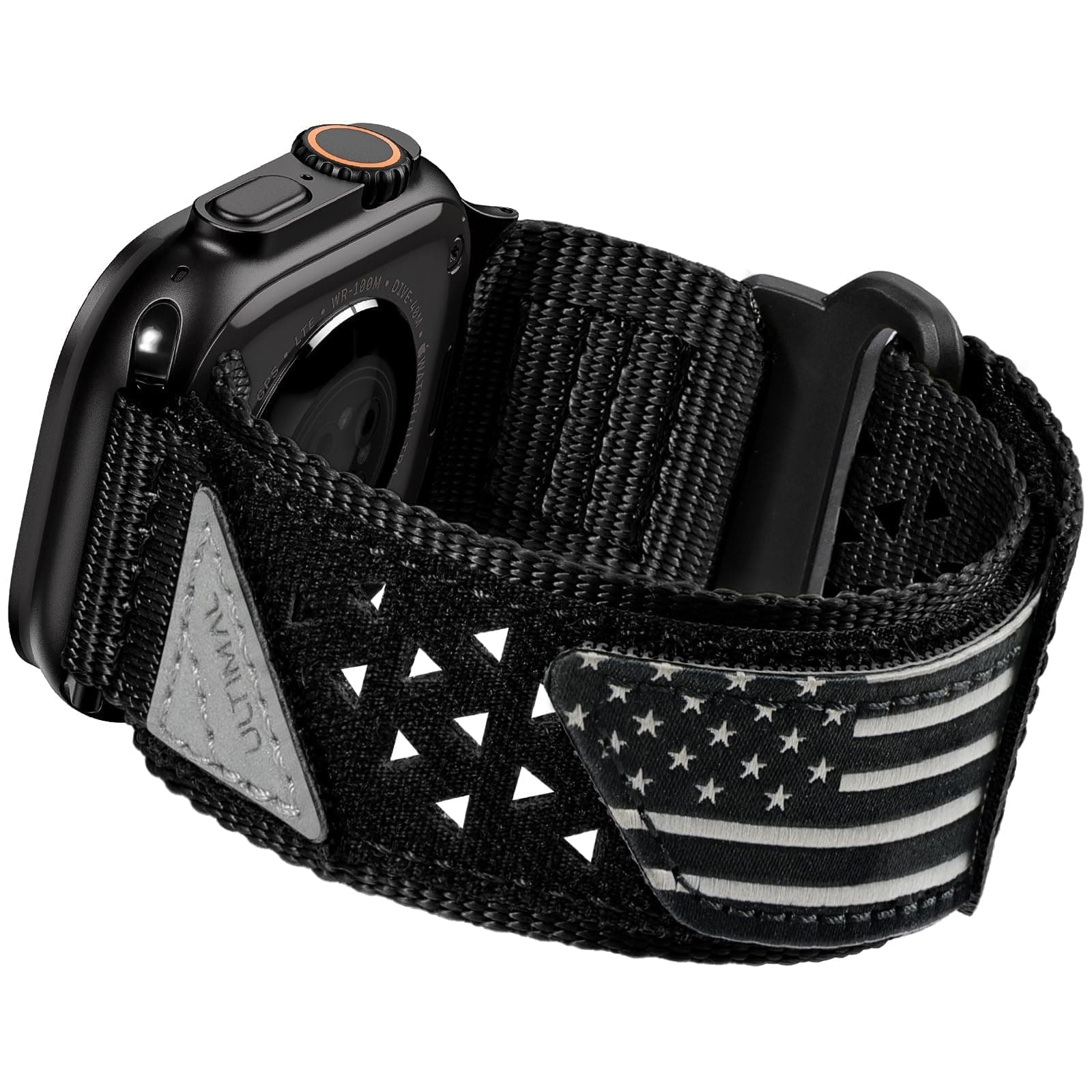 ULTIMAL Nylon Band for Apple Watch Ultra 2/1 49mm iWatch Bands Men, Tough Breathable Nylon Sports Stars-Stripes Flag Wristbands Strap, Hollow Out Design for Apple Watch (Black USA Flag)