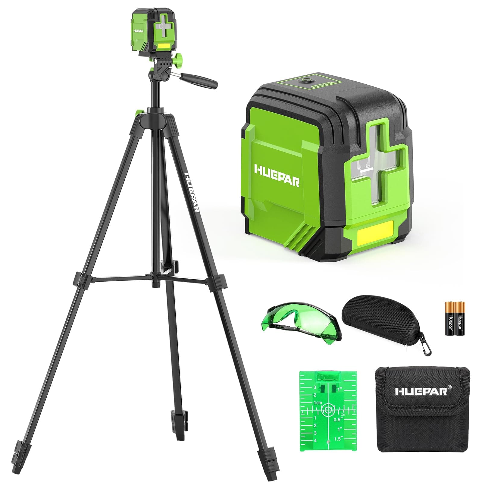 Huepar Self Leveling Laser Level with Tripod, 98Ft Green Cross Line Laser Leveler Tool for Picture Hanging, Tile, Home Renovation, Indoor Project, Battery&Goggles Included, 60in Tripod