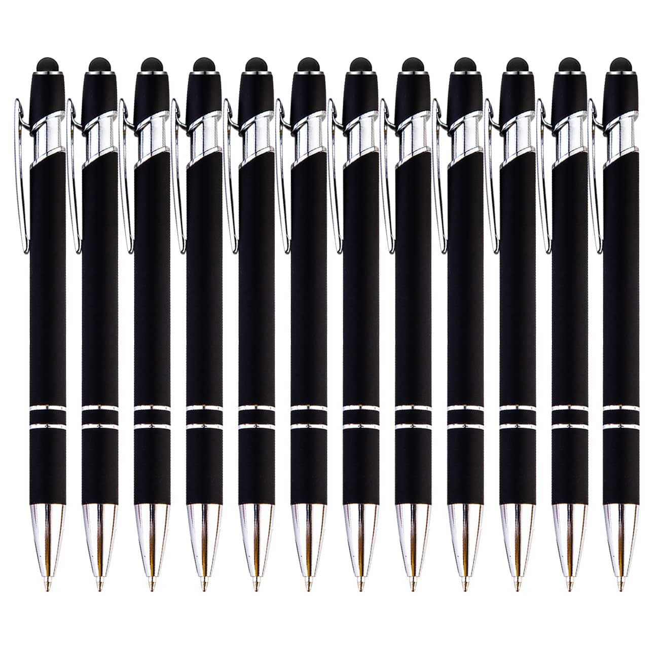 PASISIBICK 12-Piece Black Ballpoint Pen with Stylus Tip, 2 in 1 Stylish Metal Touch Screen Pen - Black Ink, 1.0 mm Medium Point - 5.5 x 0.4 inch / 14 x 1 cm