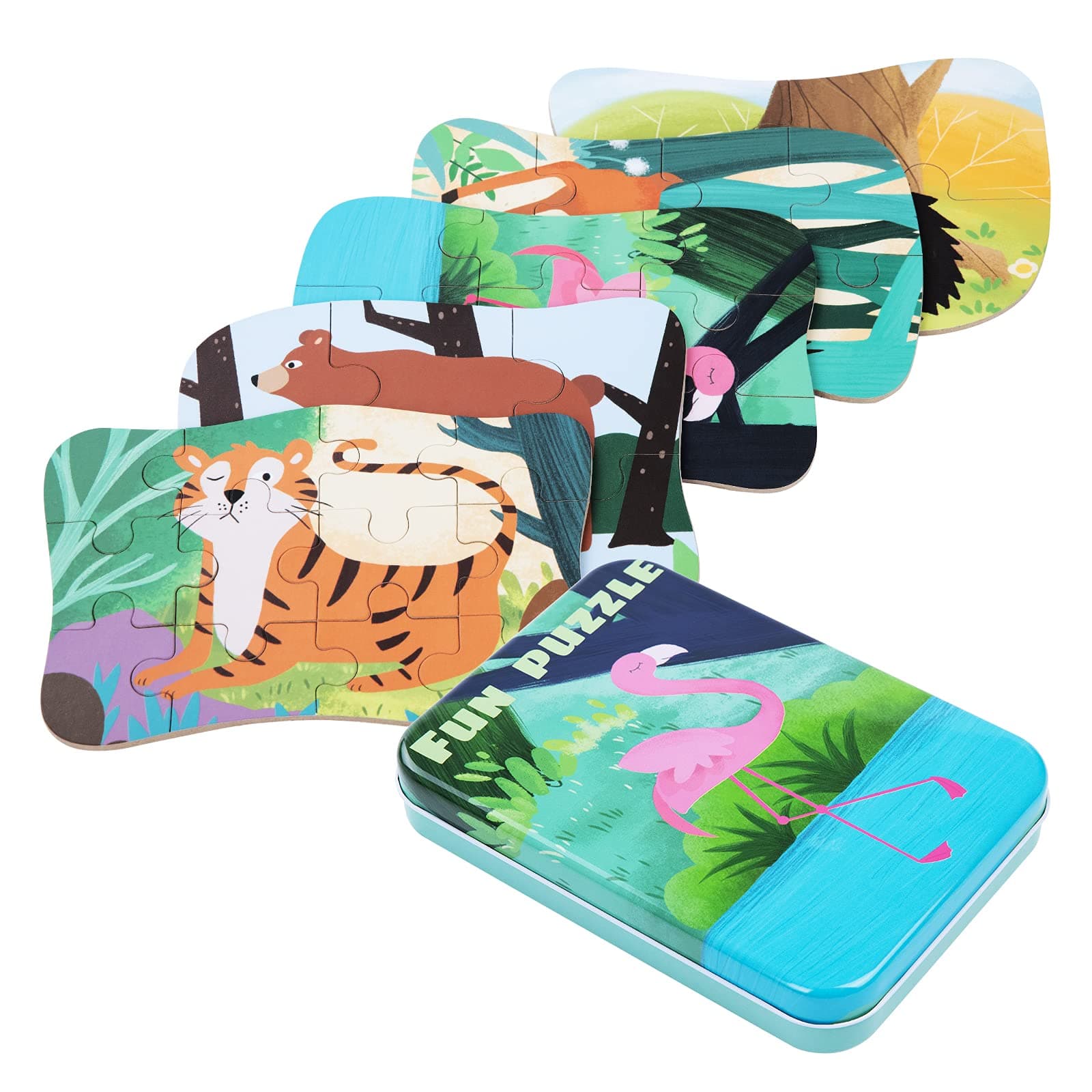 JMANNI Puzzles for 3 4 5 6 Year Olds, 5-in-1 Forest Animals Jigsaw Puzzles with Iron Box for Storage, Forest Animals Toys Gifts for Boys, Girls, Kids and Children (Forest Animals Puzzles)