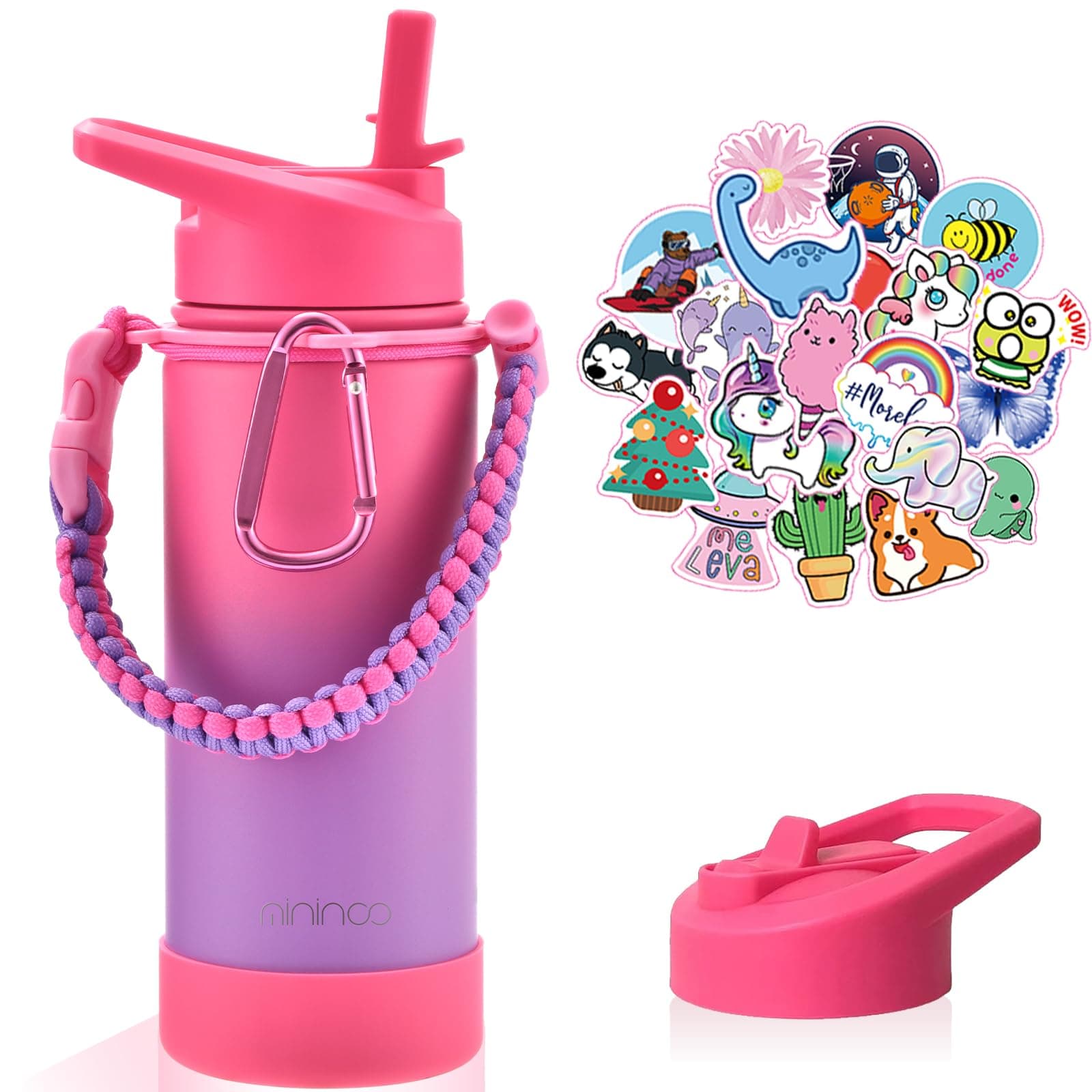 Mininoo Kids Water Bottle, Girls Water Bottle for School, 16oz Metal Stainless Steel Water Bottle Kids with Straw Lid（Berry Splash）