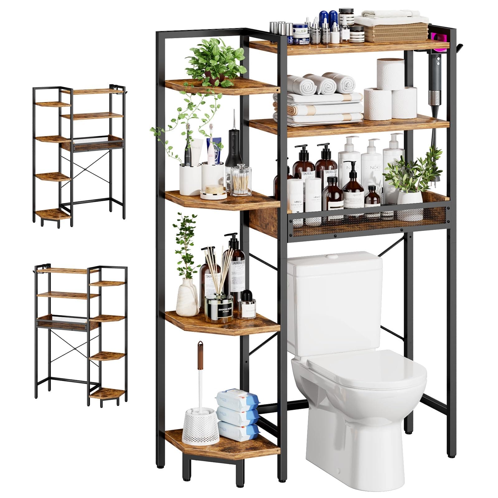 Roxibelt K1 Heavy Duty 7-Tier Over The Toilet Storage（With Basket and Paper Hook）Freestanding Above Toilet Shelf with Adjustable Feet，Space Saver Bathroom Shelves 33.5"D x 9.3"W x 63.8"H，Rustic Brown