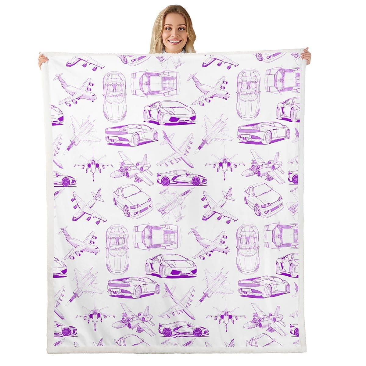 Sketch Style Purple White Throw Blanket Boys Girls,Aircraft Flying Theme Fuzzy Blanket All Seasons Bedding Set,Kids Airplane Plush Blankets Soft Warm Bed Throw,Twin (60 x 80 Inches)