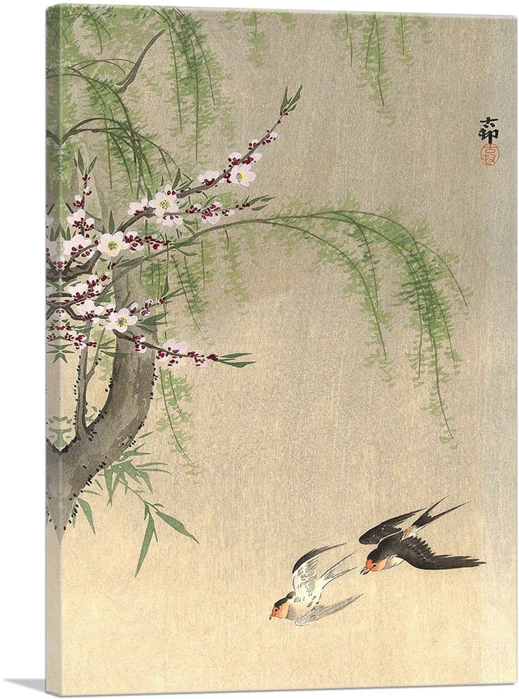 ARTCANVAS Two Barn Swallows in Flight with Willow Branch and Flowering Cherry Canvas Art Print by Ohara Koson- 26" x 18" (0.75" Deep)