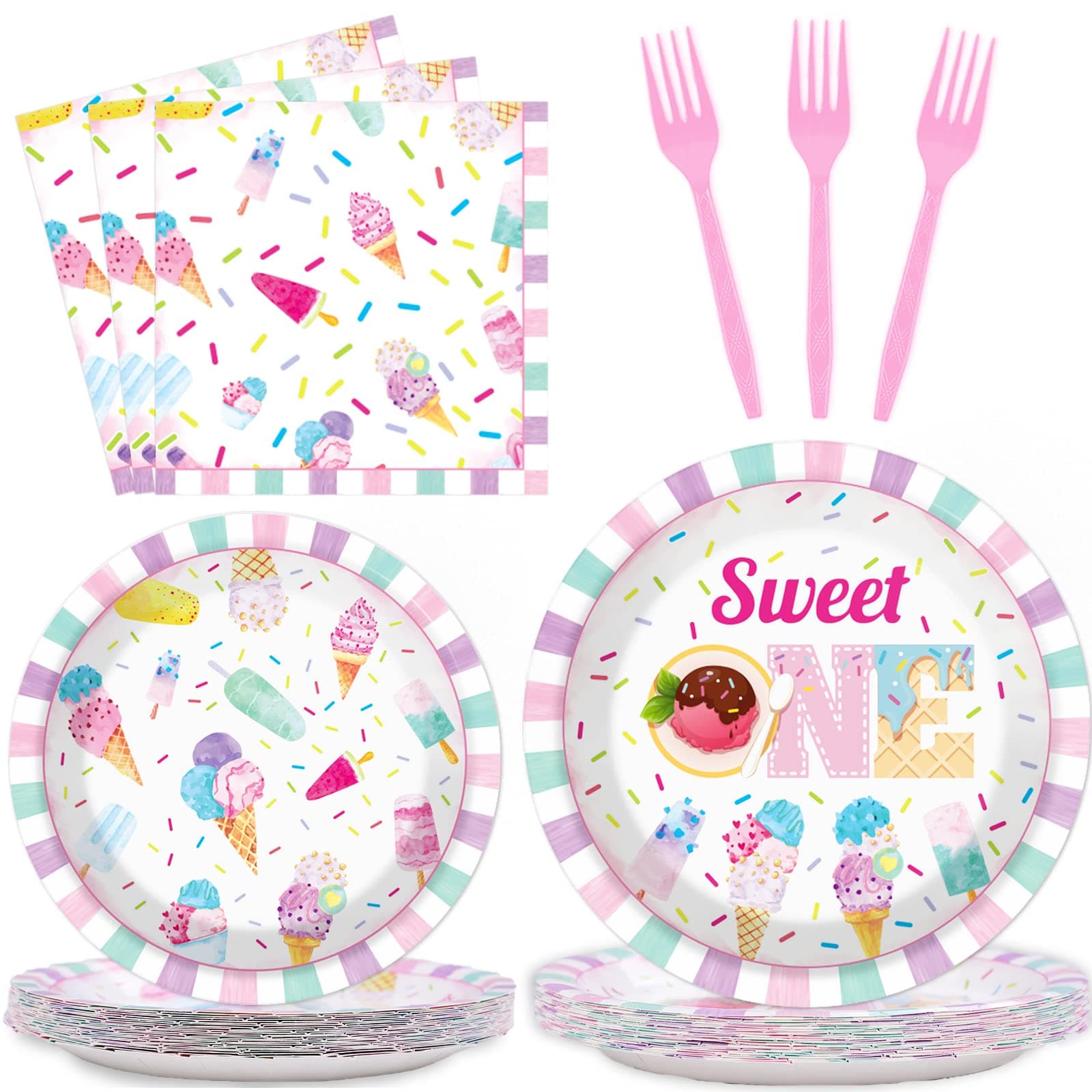 chiazllta 96Pcs Sweet One Ice Cream 1st Birthday Party Paper Plates and Napkins Supplies, Ice Cream First Birthday Tableware Decorations for Party Favors 24 Guests