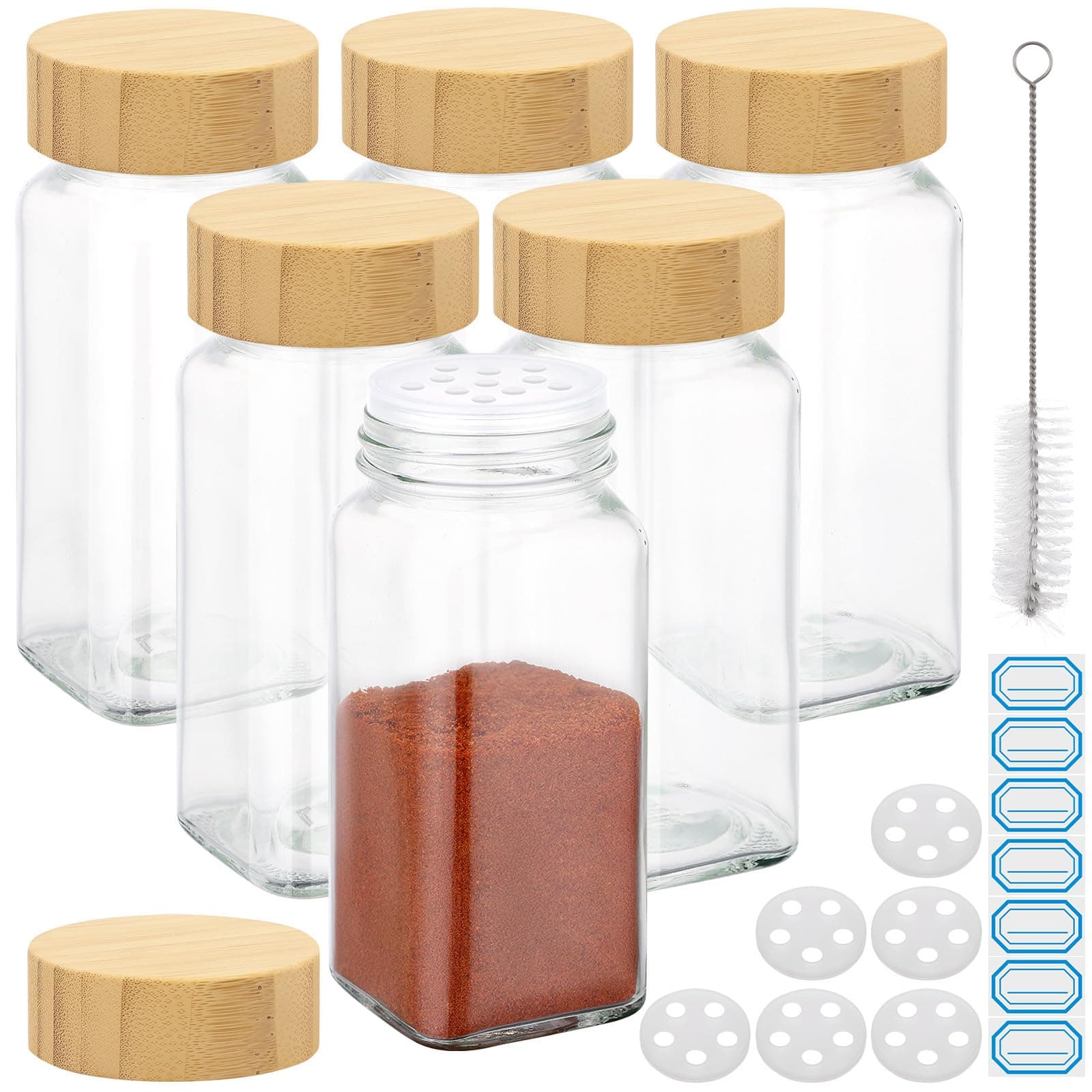 Segarty 4oz Spices Jars with Bamboo Shaker Lids, 6 Pack Square Spice Containers, 120ml Empty Glass Seasoning Organizers Spices Cereal Storage Set, Small Salt and Pepper Shakers, 7 Stickers and 1 Brush