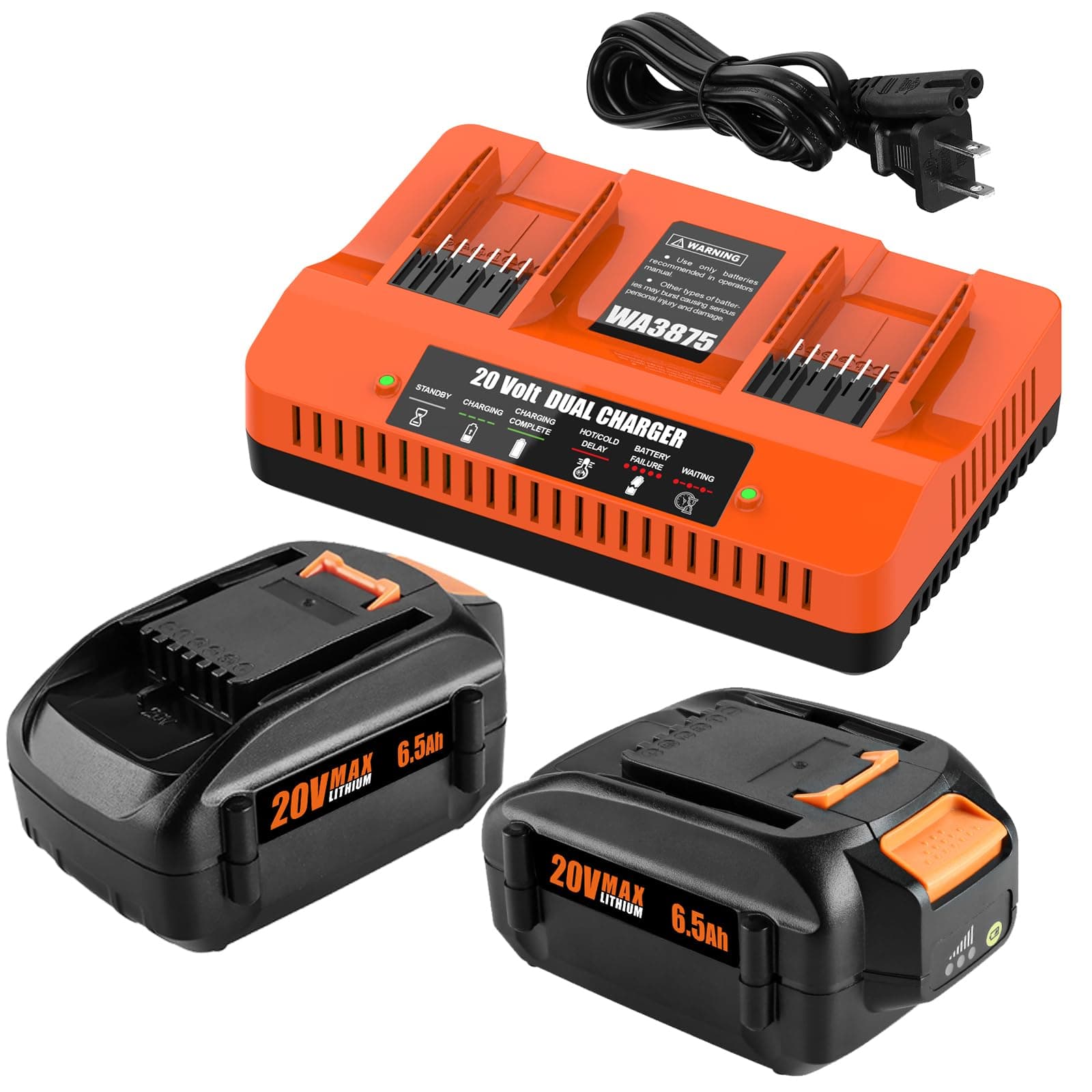 Powilling 2 Pack 6.5Ah Replacement for Worx 20V Battery and Dual Charger Compatible with Worx Battery 20V WA3674 WA3575 WA3525 WA3520 WG151s WG155s WG545s