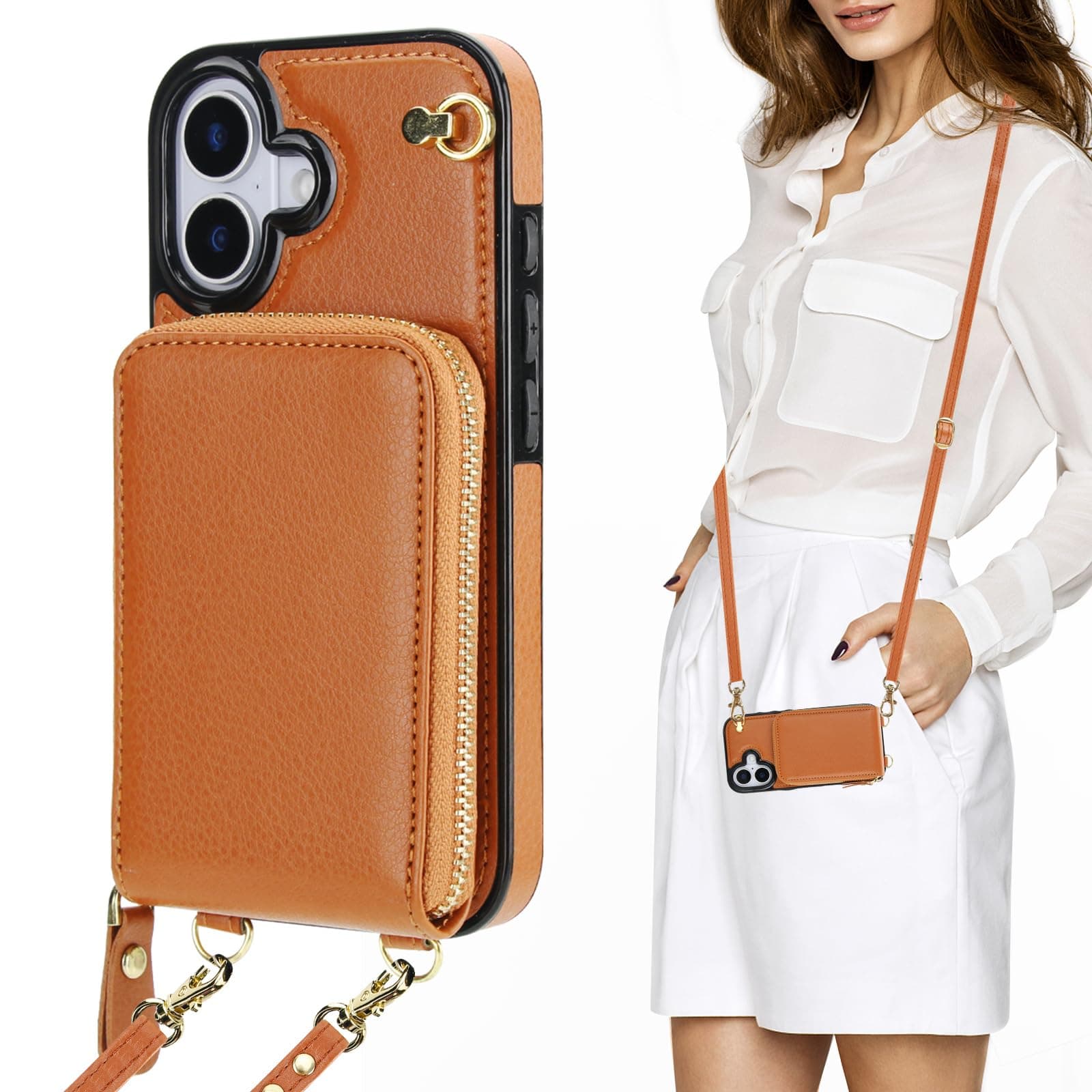 KIHUWEY Crossbody Wallet Case for iPhone 17 Strap, Brown