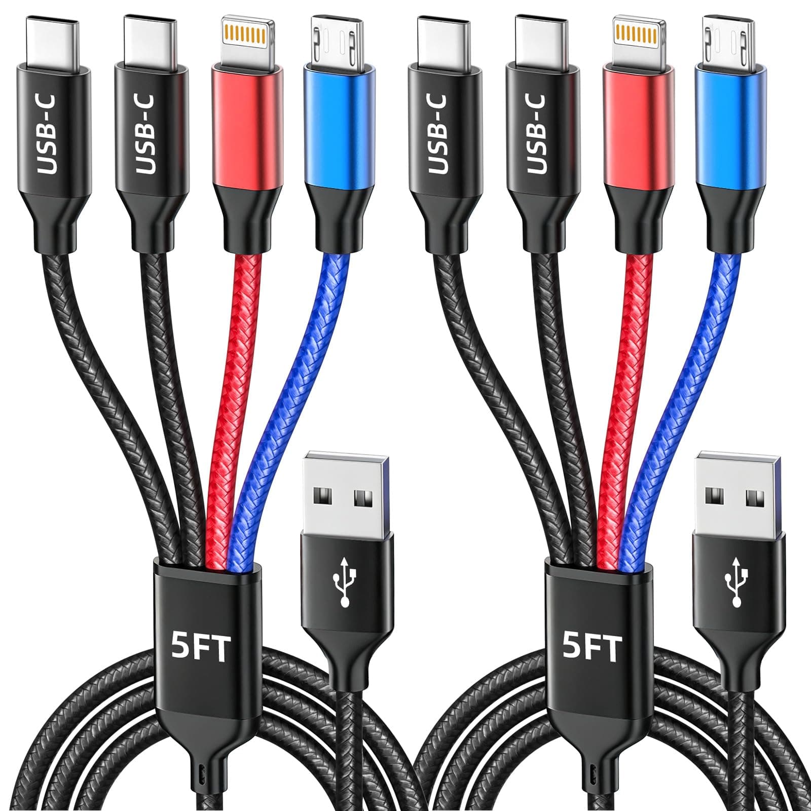 Travel Essentials Dual Type C 4 in 1 Charging Cable 2Pack 5FT, Multi Charging Cable for Multiple Ends, USB Cable with IP/Micro USB/2 USB-C Port Compatible iPhone16 15 14 Series, Android Tablet Pads