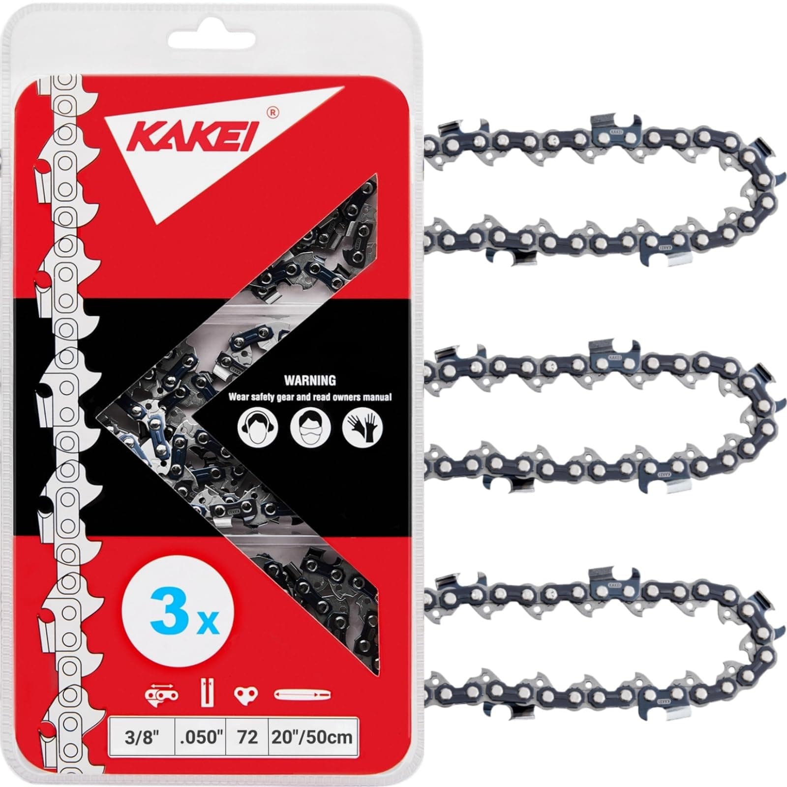 KAKEI Skiptooth 20 Inch Chainsaw Chain 3/8" Pitch .050" Gauge 72 Drive Links Fits Stihl MS311 MS391, Husqvarna 455 (Rancher), 460 (Rancher), Poulan Pro and More- 72EXJ072G (3 Chains)