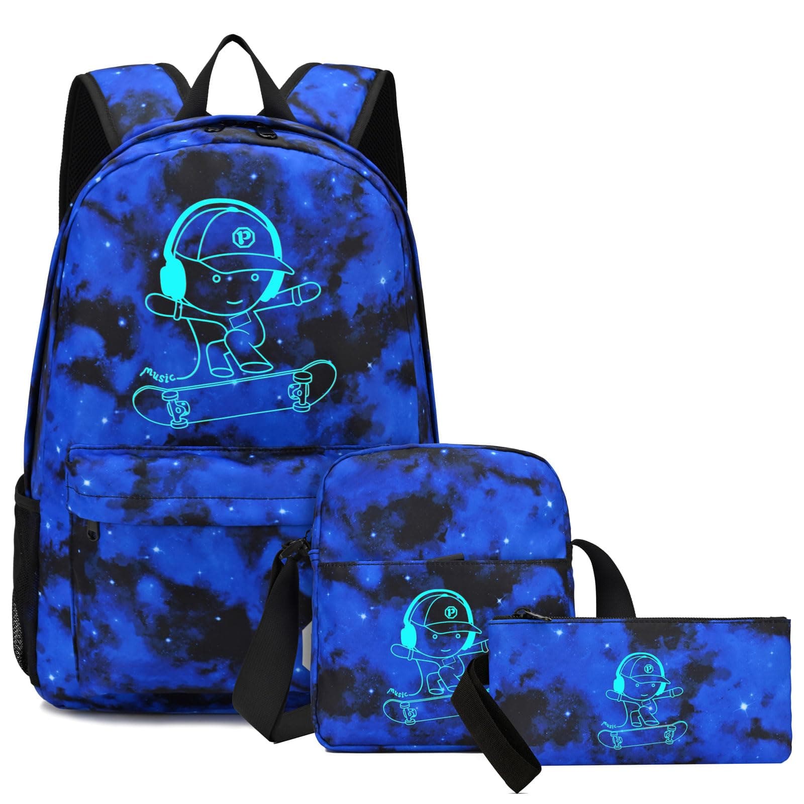 Pawsky Anime Luminous Backpack School Backpack for Teen Boys, College School Bookbag Lightweight Laptop Bag, Galaxy-blue2, Large, Skateboard-blue2